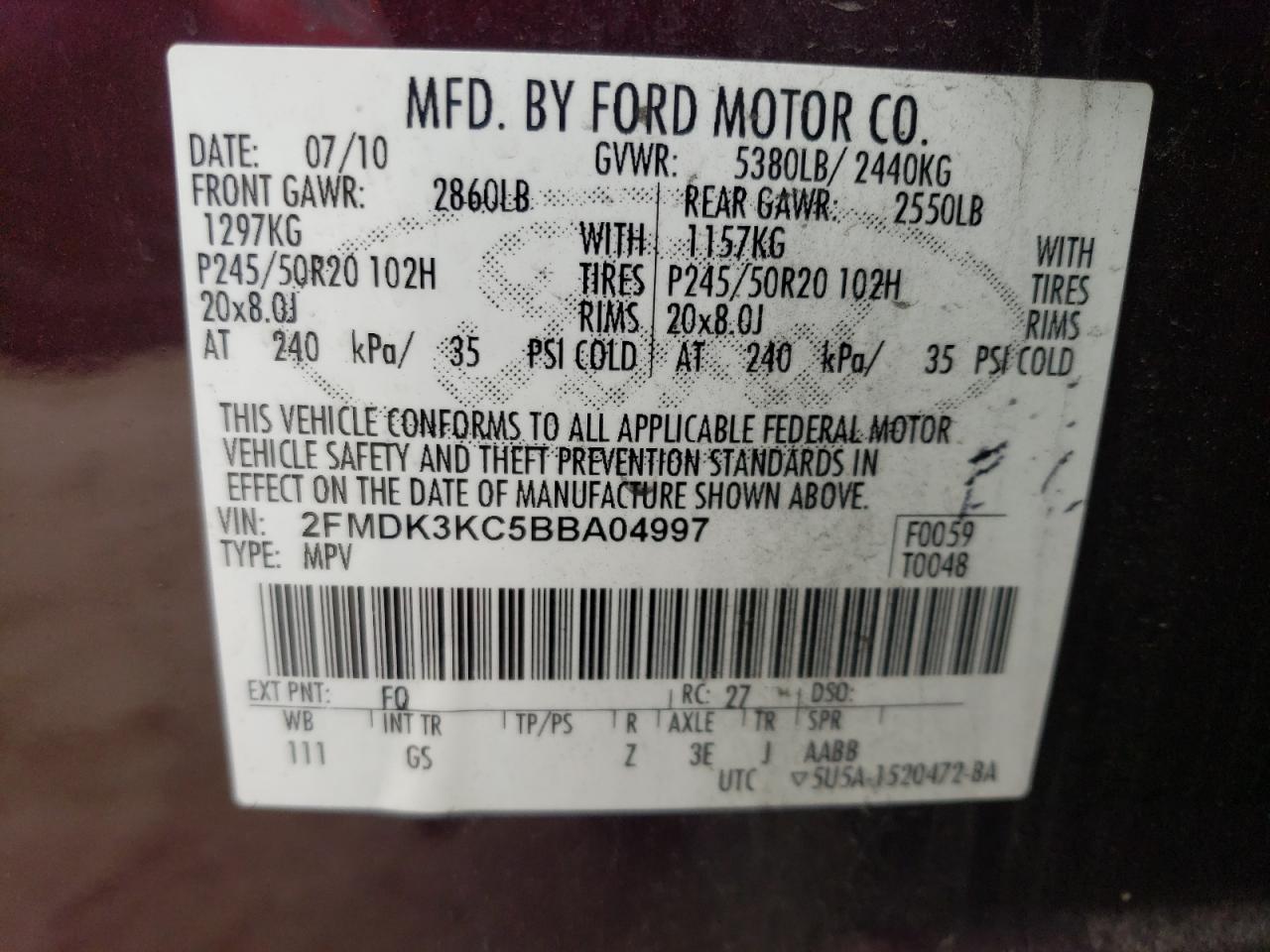 2011 Ford Edge Limited Бордовый vin: 2FMDK3KC5BBA04997
