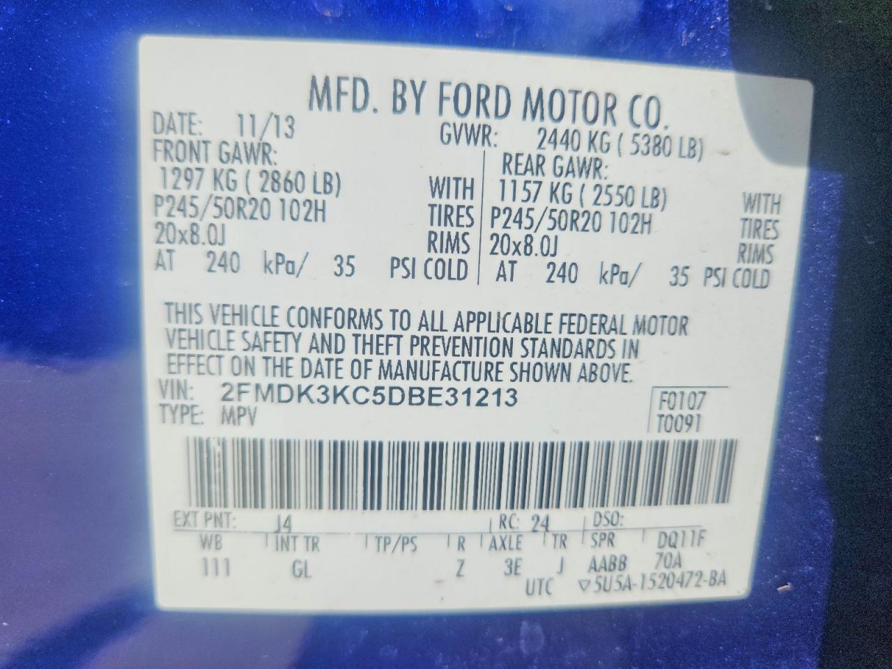 2013 Ford Edge Limited Blue vin: 2FMDK3KC5DBE31213