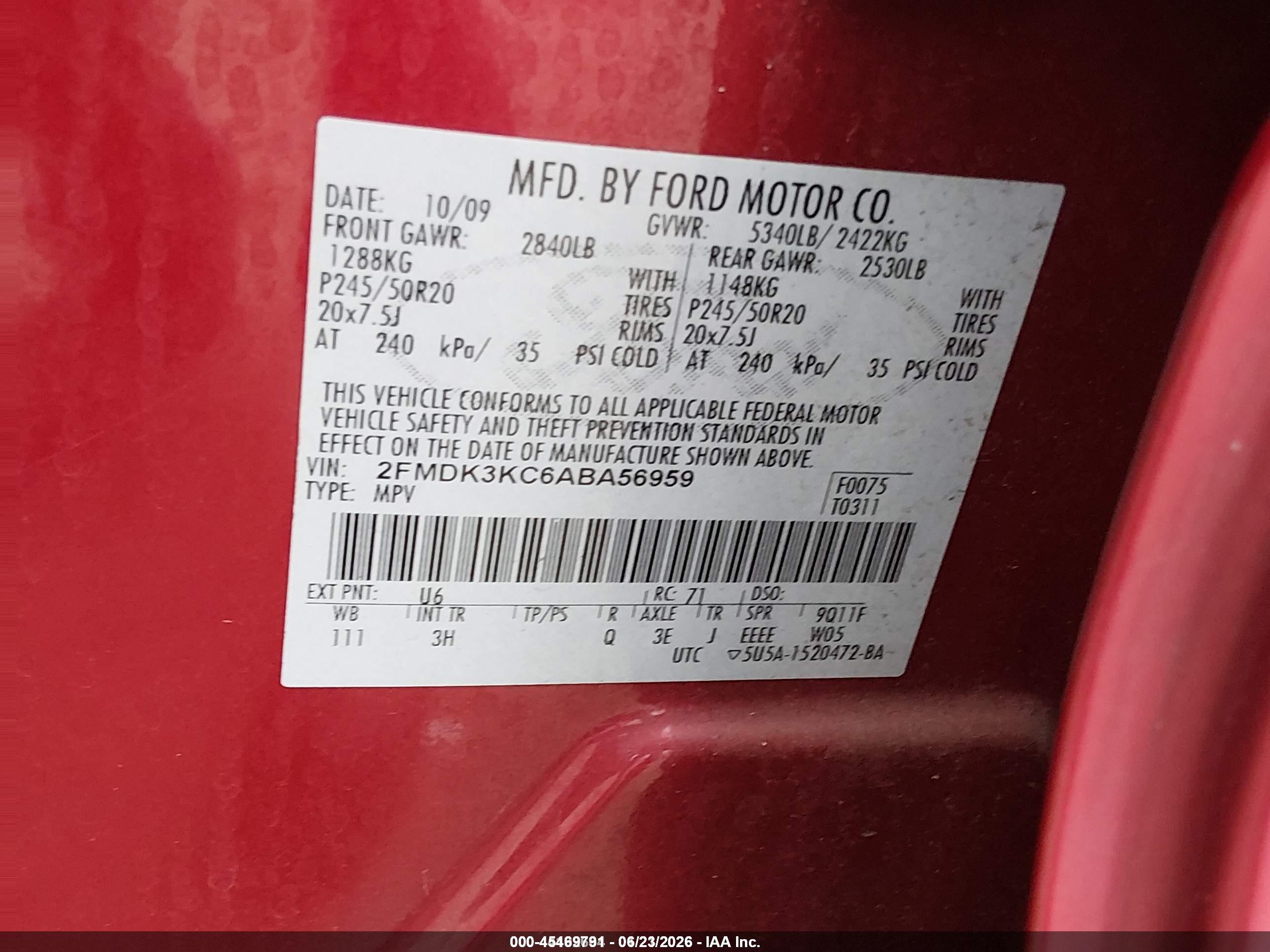 2010 Ford Edge Limited Red vin: 2FMDK3KC6ABA56959