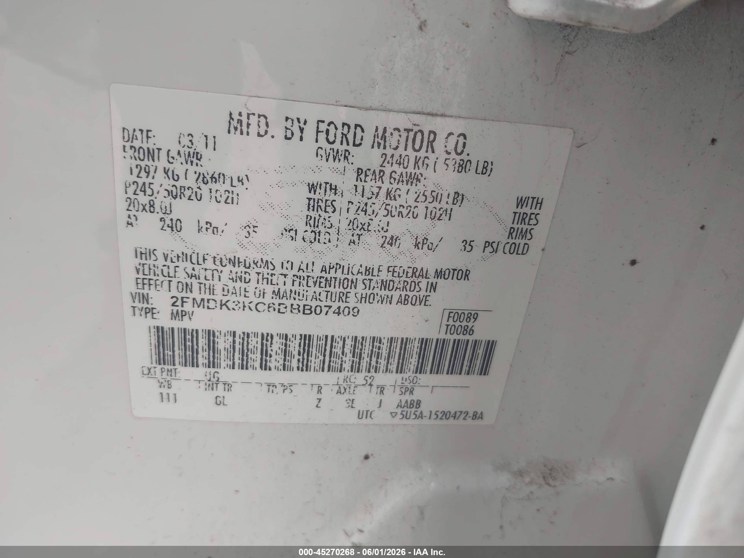 2011 Ford Edge Limited Белый vin: 2FMDK3KC6BBB07409