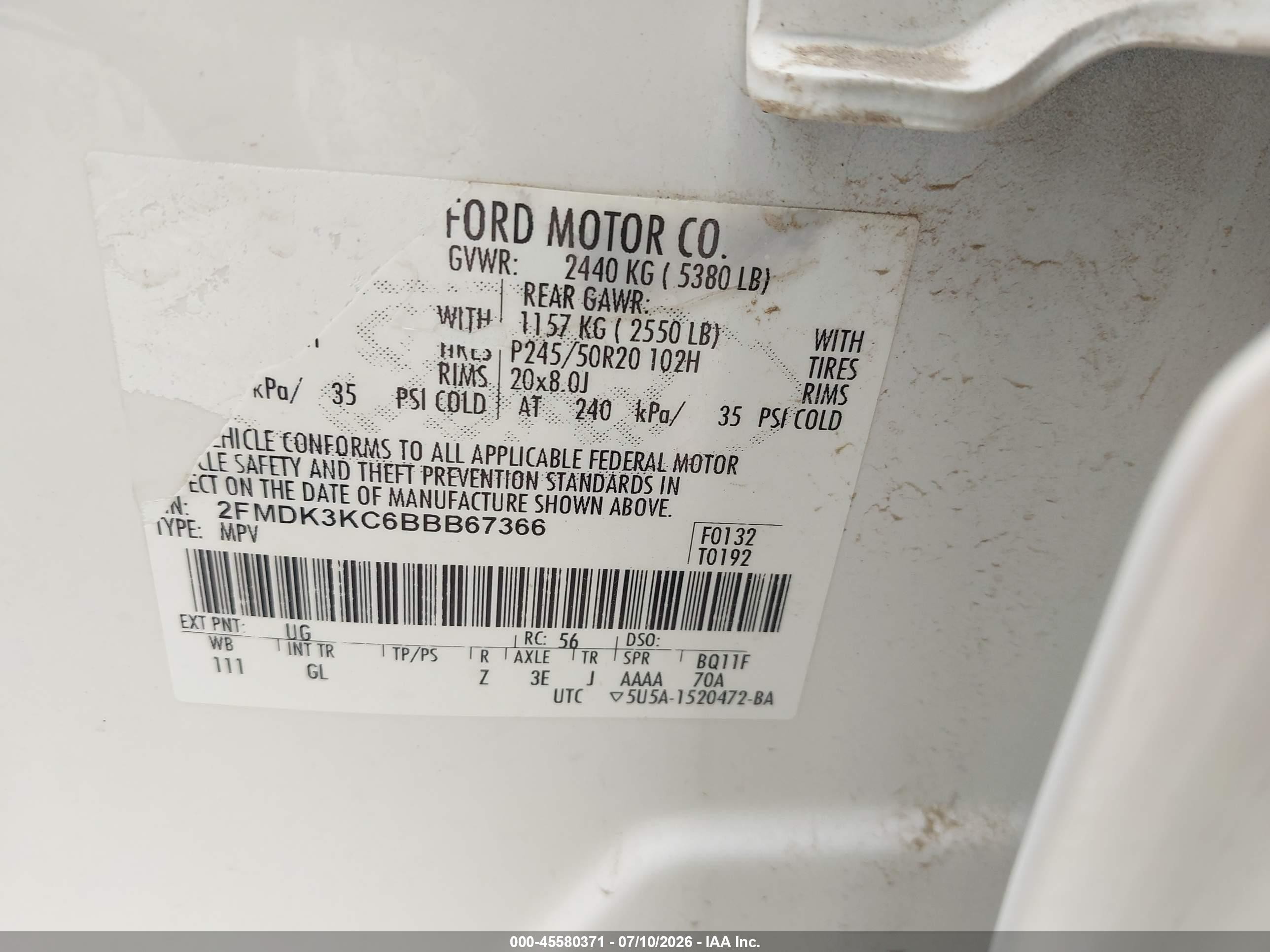 2011 Ford Edge Limited Белый vin: 2FMDK3KC6BBB67366