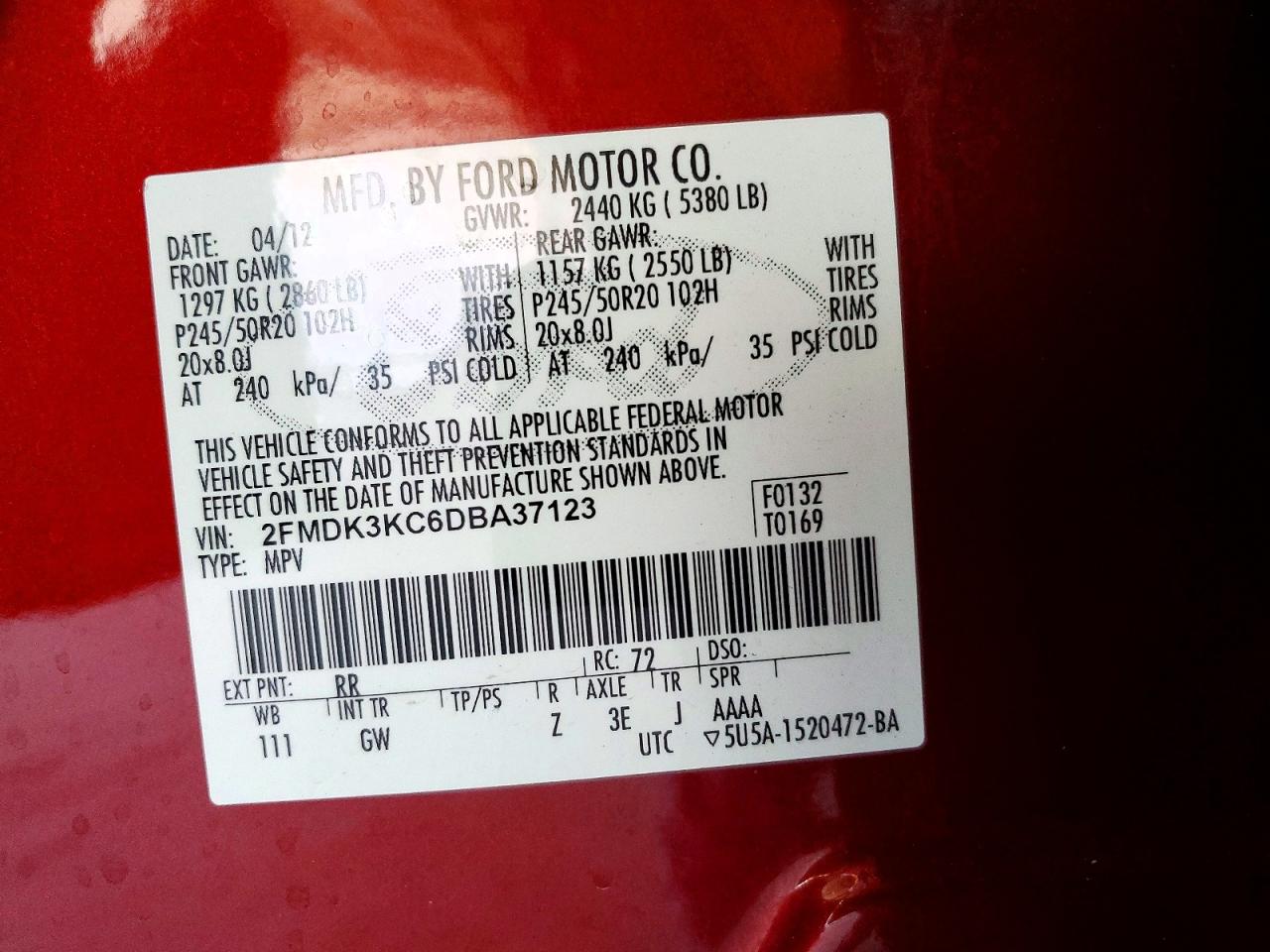 2013 Ford Edge Limited Red vin: 2FMDK3KC6DBA37123
