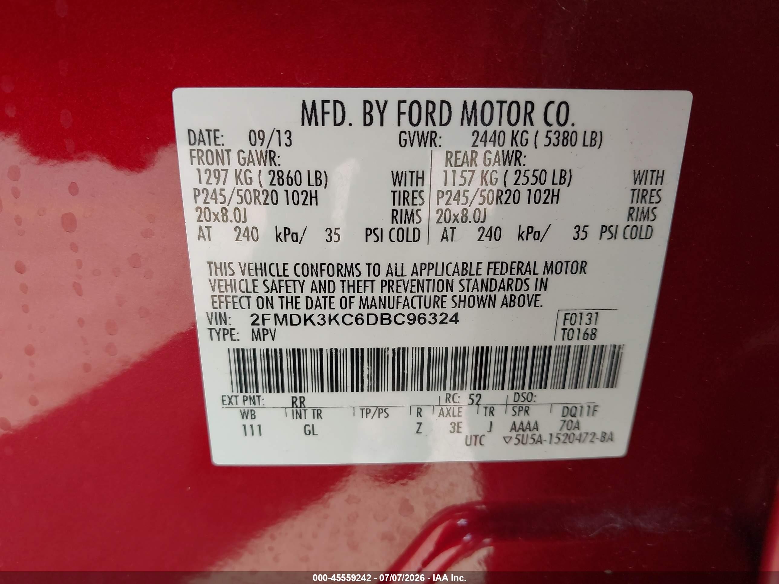 2013 Ford Edge Limited Red vin: 2FMDK3KC6DBC96324
