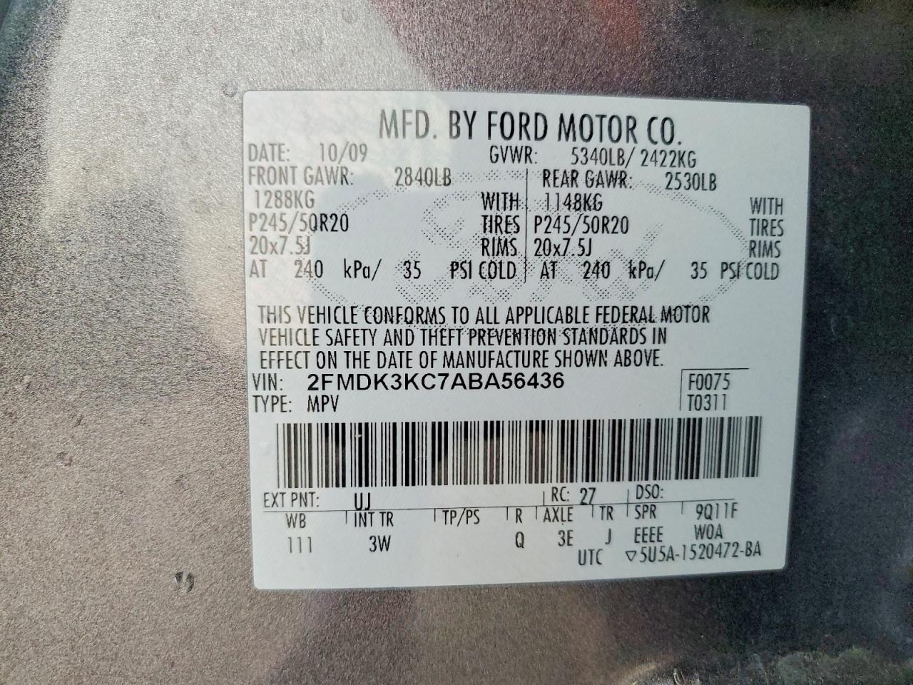2010 Ford Edge Limited Gray vin: 2FMDK3KC7ABA56436