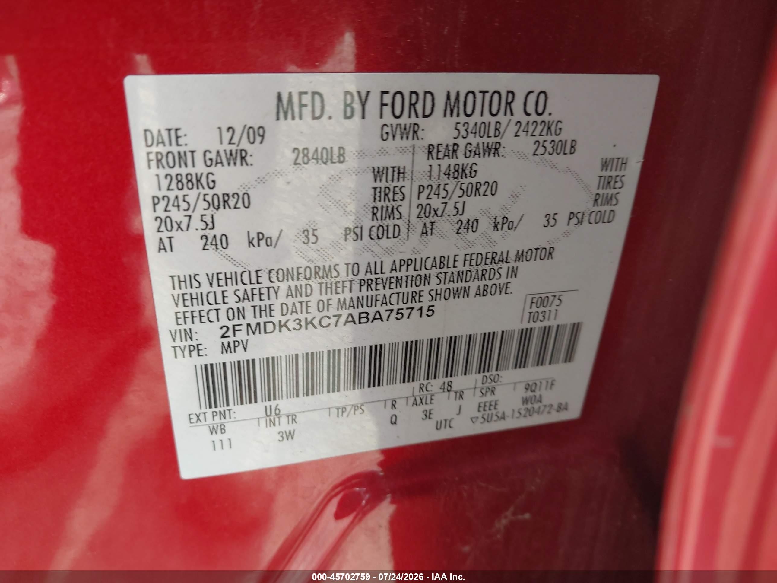 2010 Ford Edge Limited Red vin: 2FMDK3KC7ABA75715