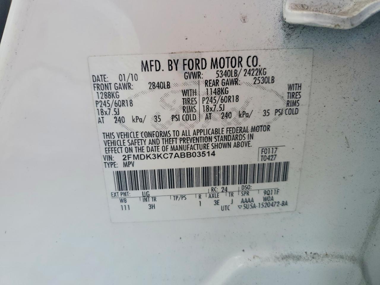 2010 Ford Edge Limited White vin: 2FMDK3KC7ABB03514