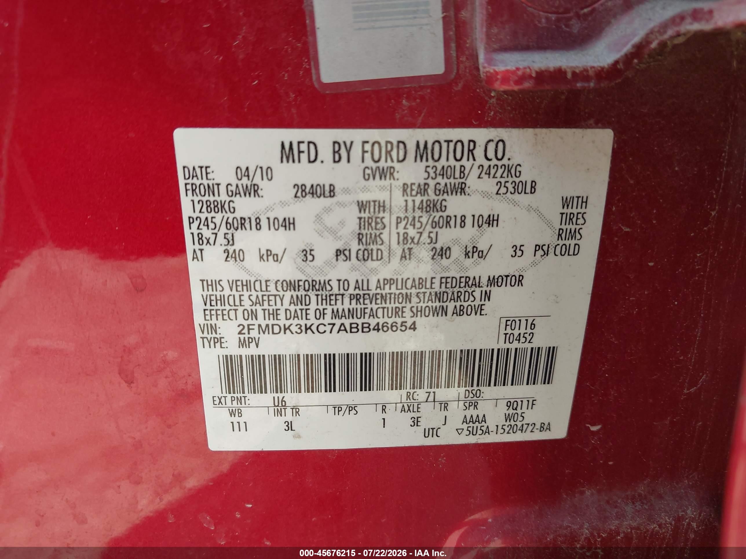 2010 Ford Edge Limited Red vin: 2FMDK3KC7ABB46654