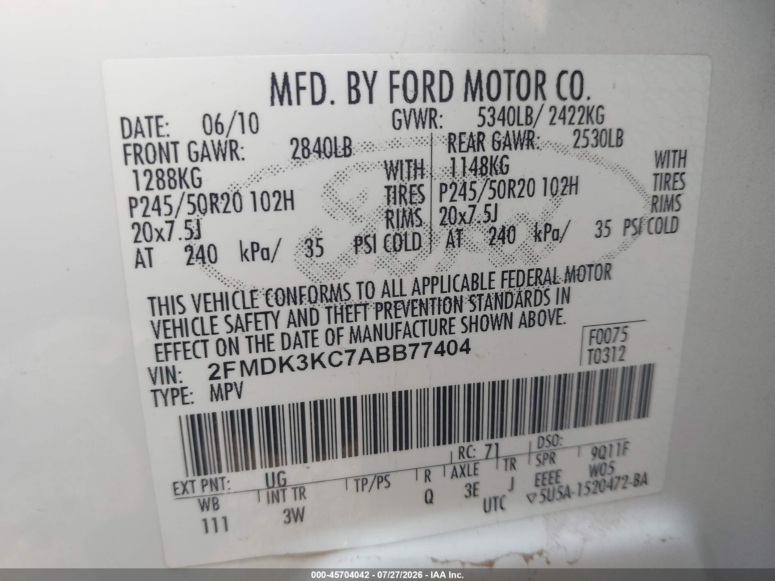 2010 Ford Edge Limited Белый vin: 2FMDK3KC7ABB77404