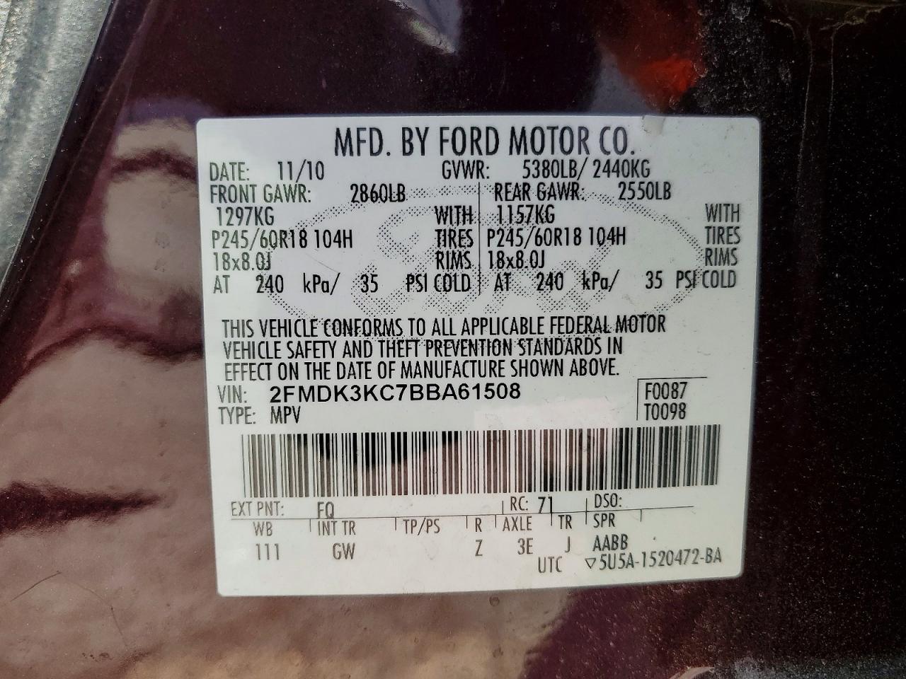 2011 Ford Edge Limited Maroon vin: 2FMDK3KC7BBA61508