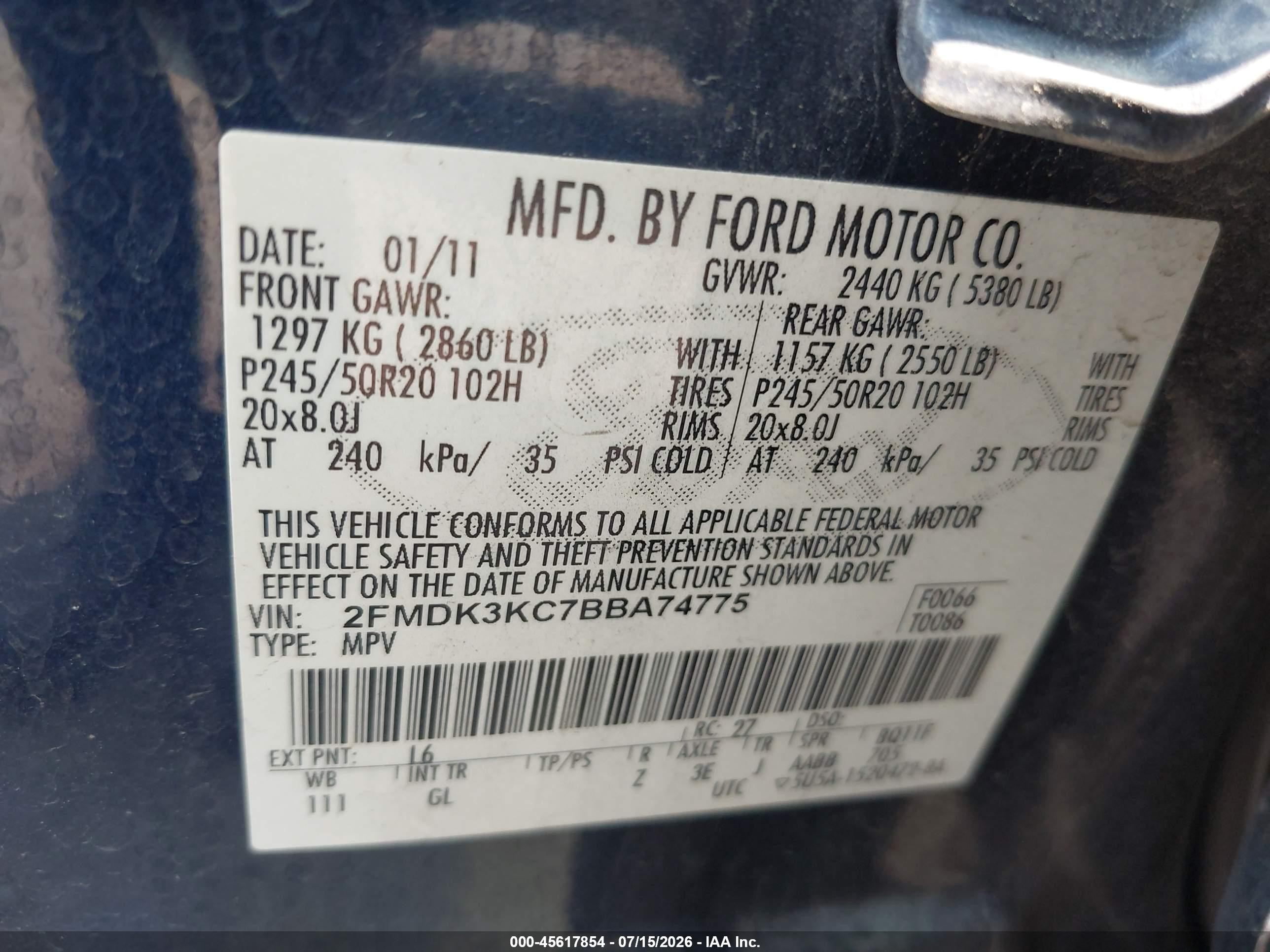 2011 Ford Edge Limited Синий vin: 2FMDK3KC7BBA74775