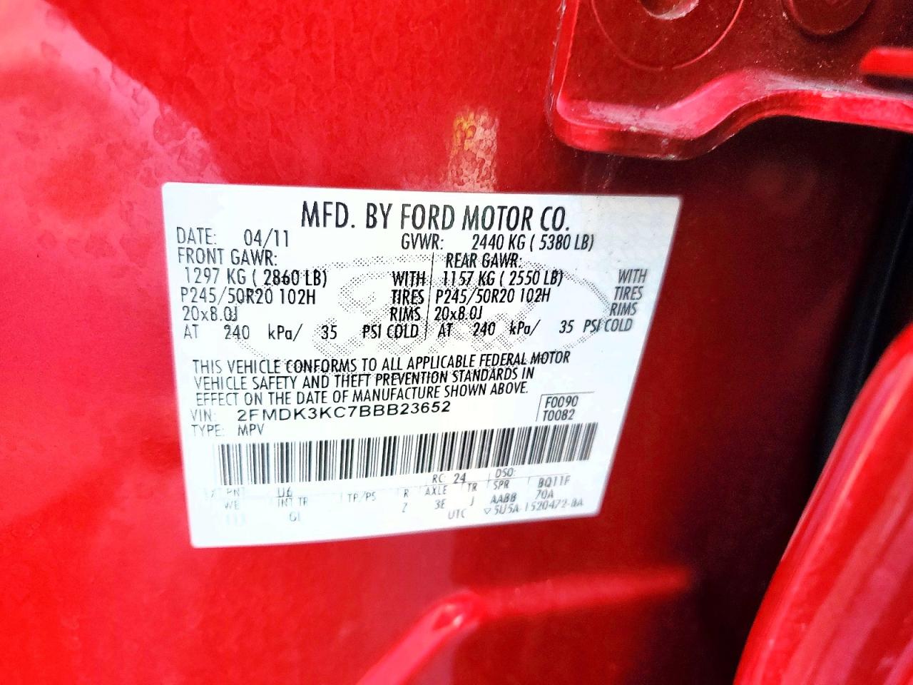 2011 Ford Edge Limited Red vin: 2FMDK3KC7BBB23652
