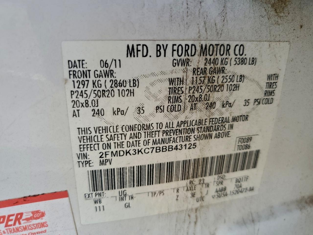 2011 Ford Edge Limited Белый vin: 2FMDK3KC7BBB43125