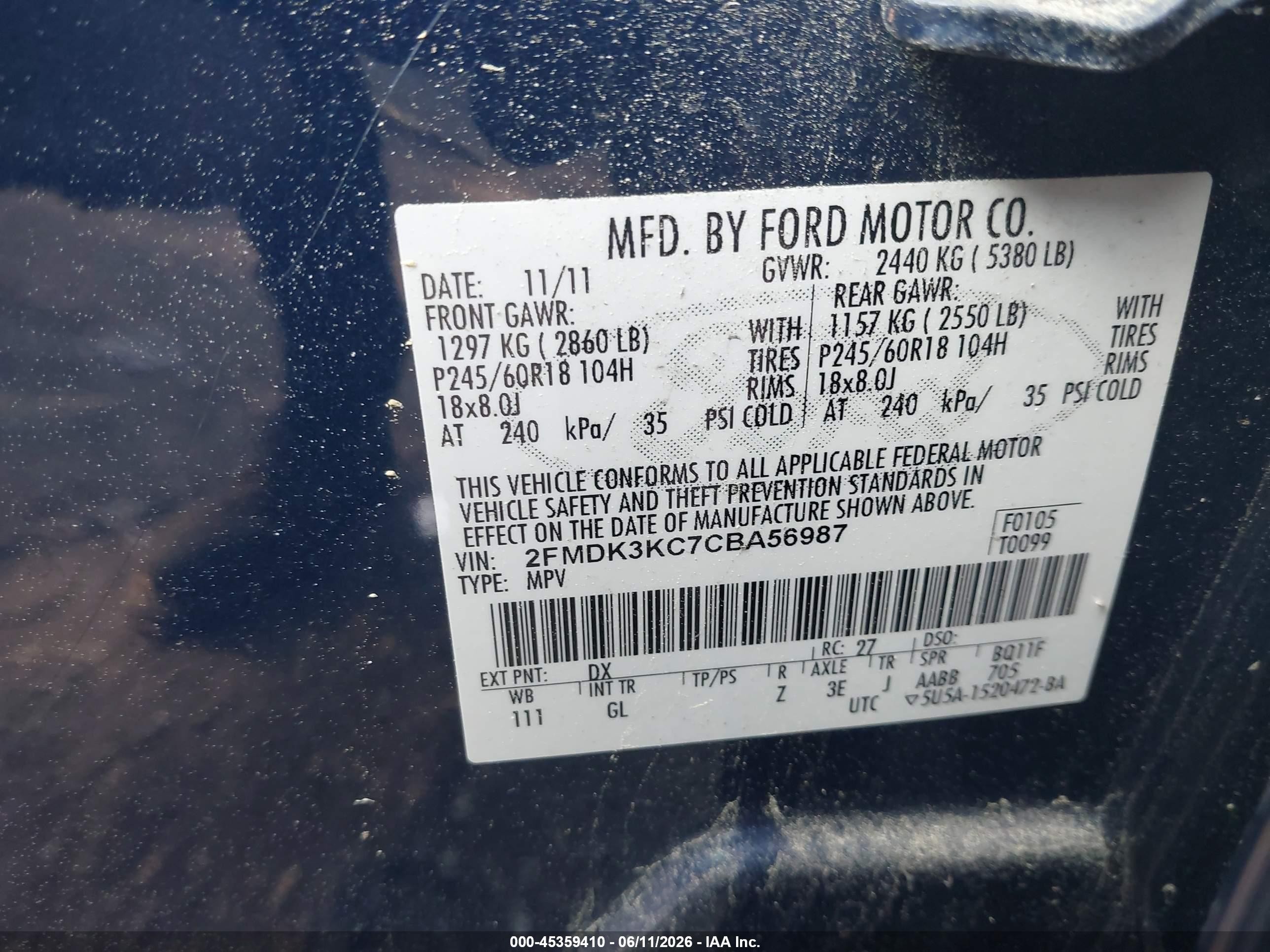 2012 Ford Edge Limited Dark Blue vin: 2FMDK3KC7CBA56987