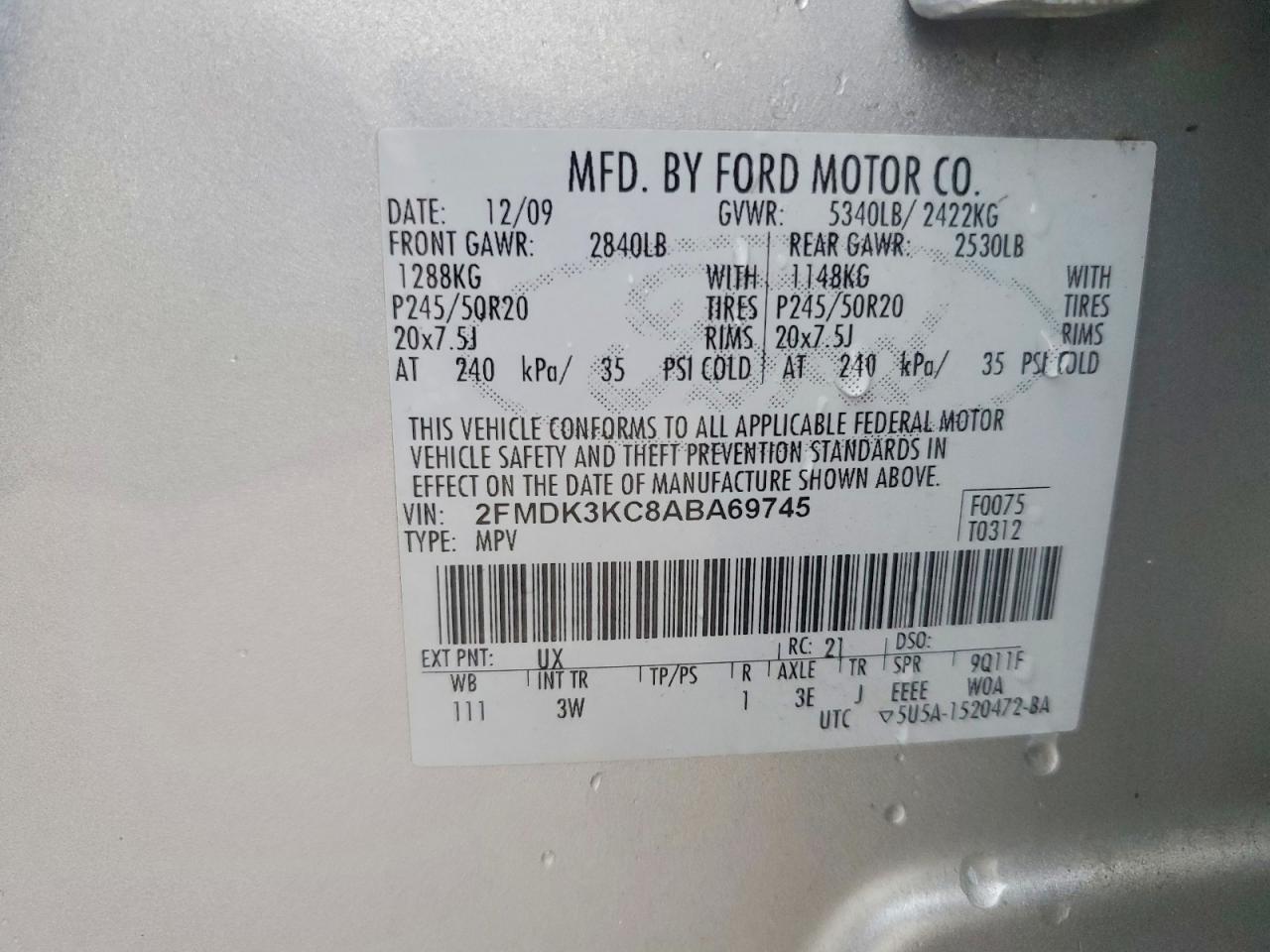 2010 Ford Edge Limited Серебряный vin: 2FMDK3KC8ABA69745