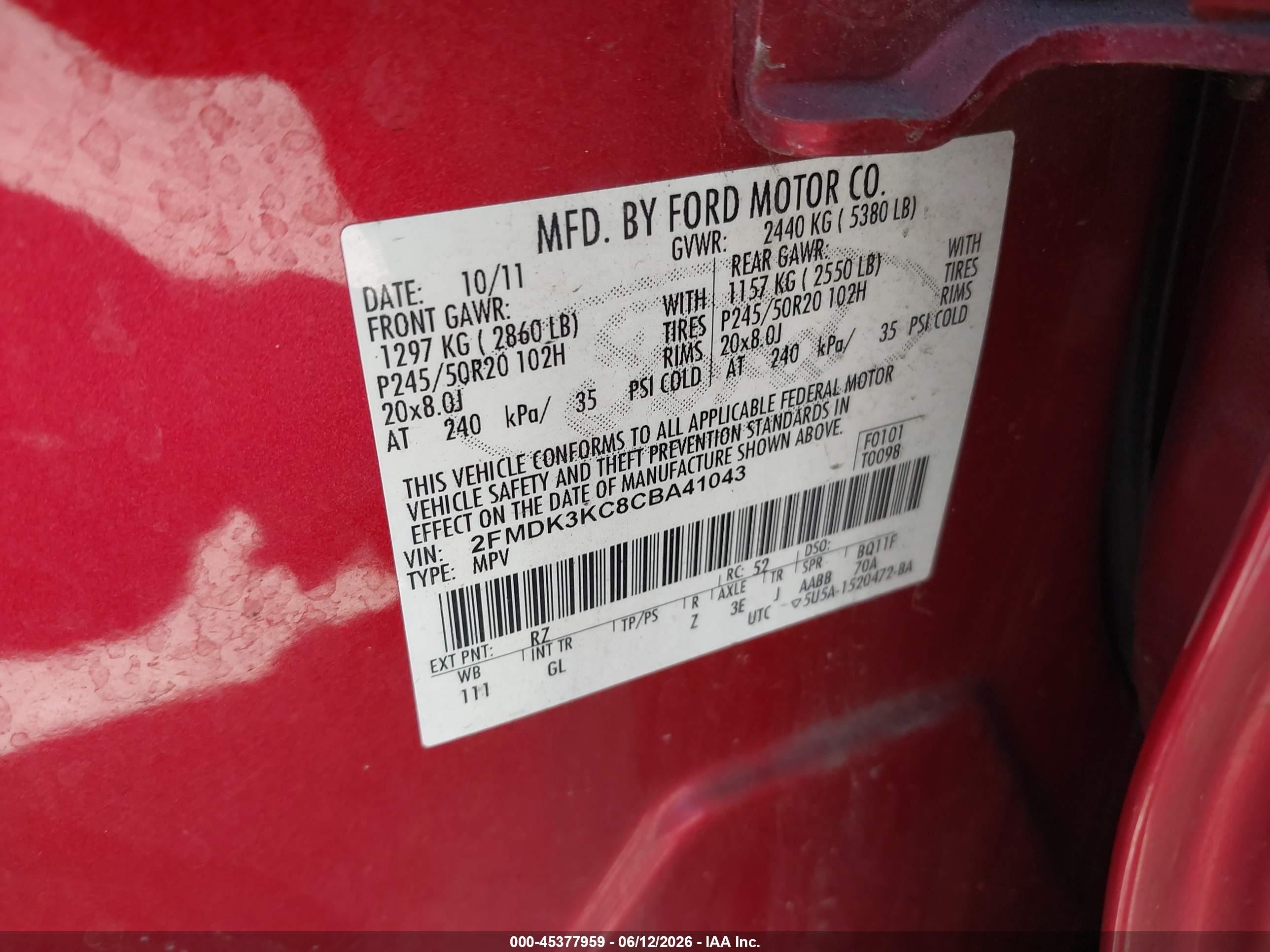 2012 Ford Edge Limited Red vin: 2FMDK3KC8CBA41043