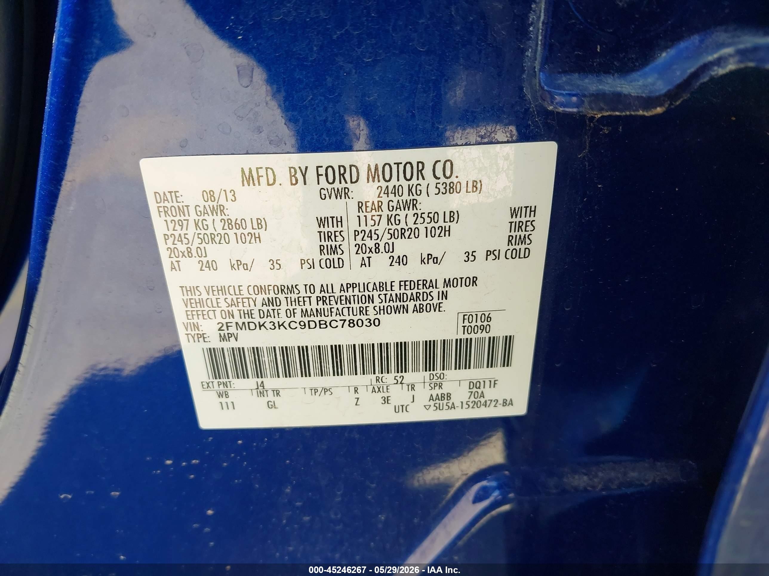 2013 Ford Edge Limited Blue vin: 2FMDK3KC9DBC78030