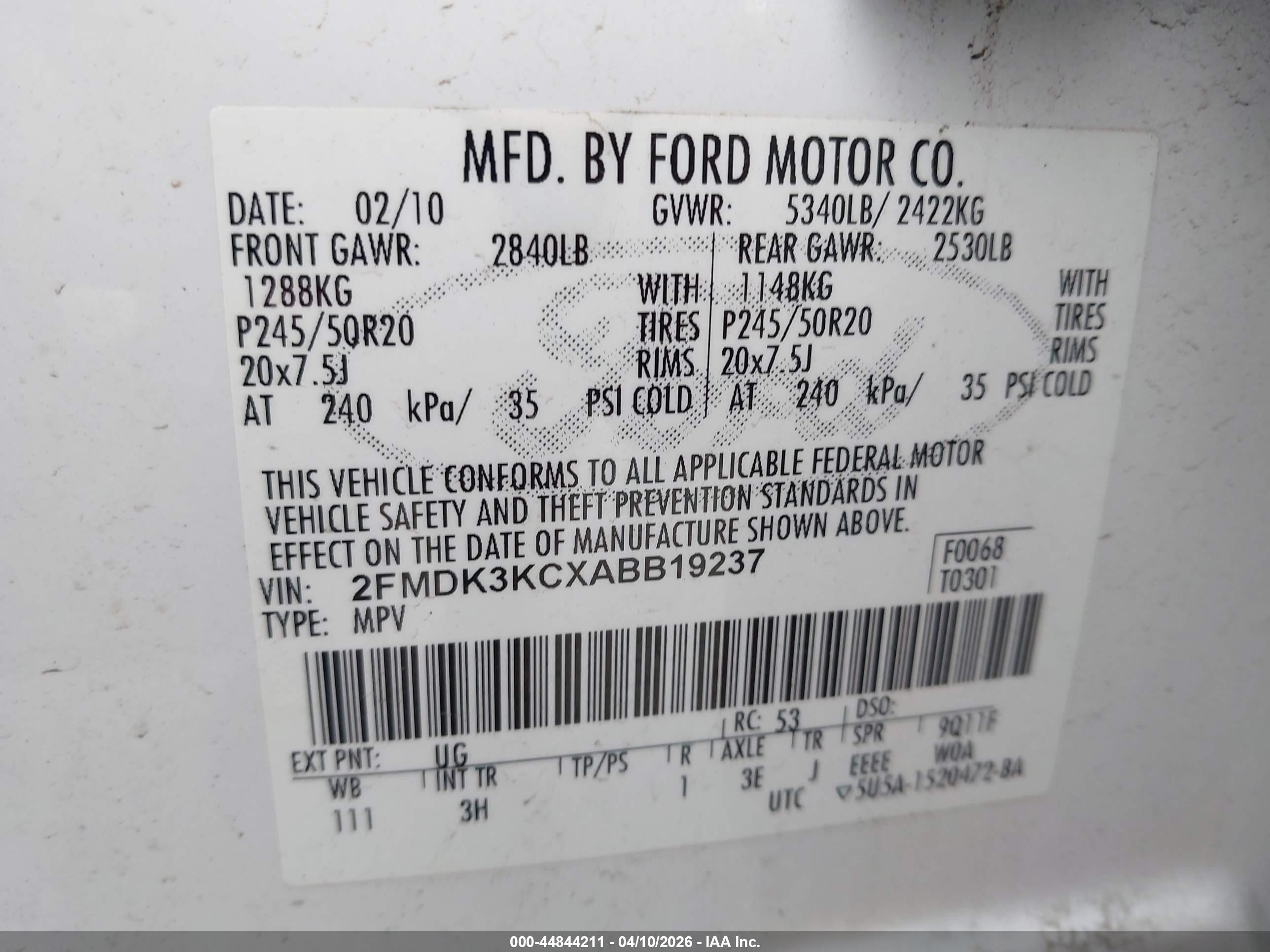 2010 Ford Edge Limited White vin: 2FMDK3KCXABB19237