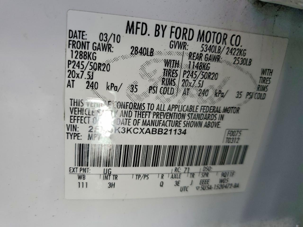 2010 Ford Edge Limited White vin: 2FMDK3KCXABB21134