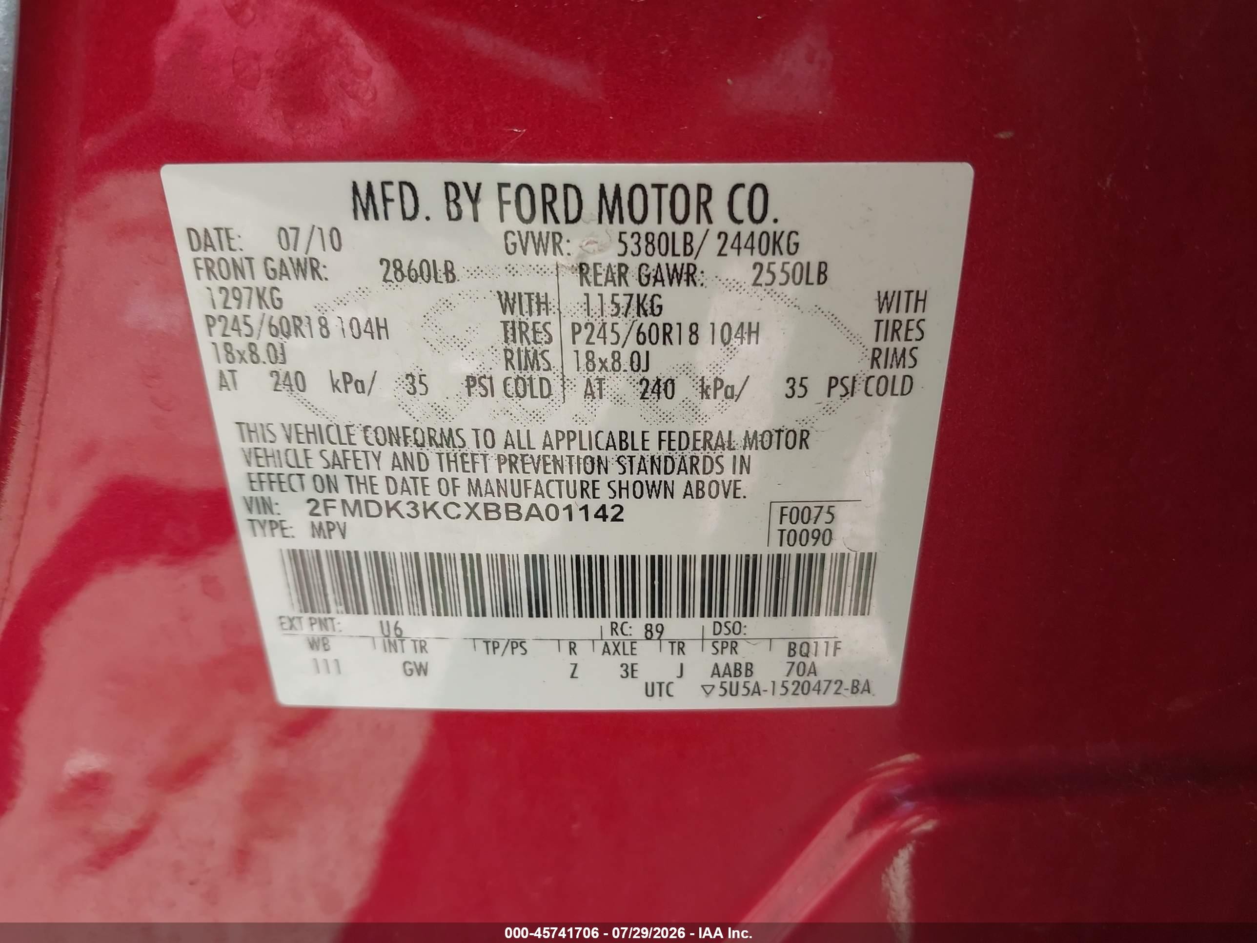 2011 Ford Edge Limited Red vin: 2FMDK3KCXBBA01142