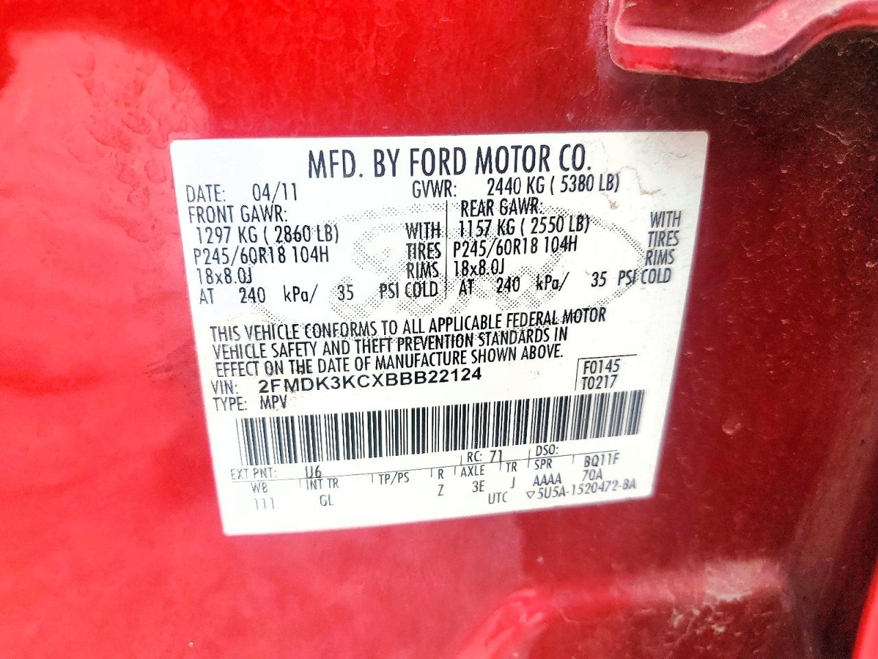 2011 Ford Edge Limited Red vin: 2FMDK3KCXBBB22124