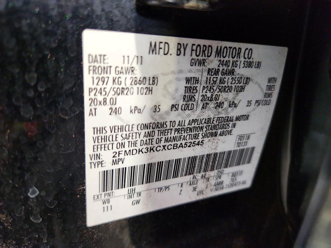 2012 Ford Edge Limited Charcoal vin: 2FMDK3KCXCBA52545