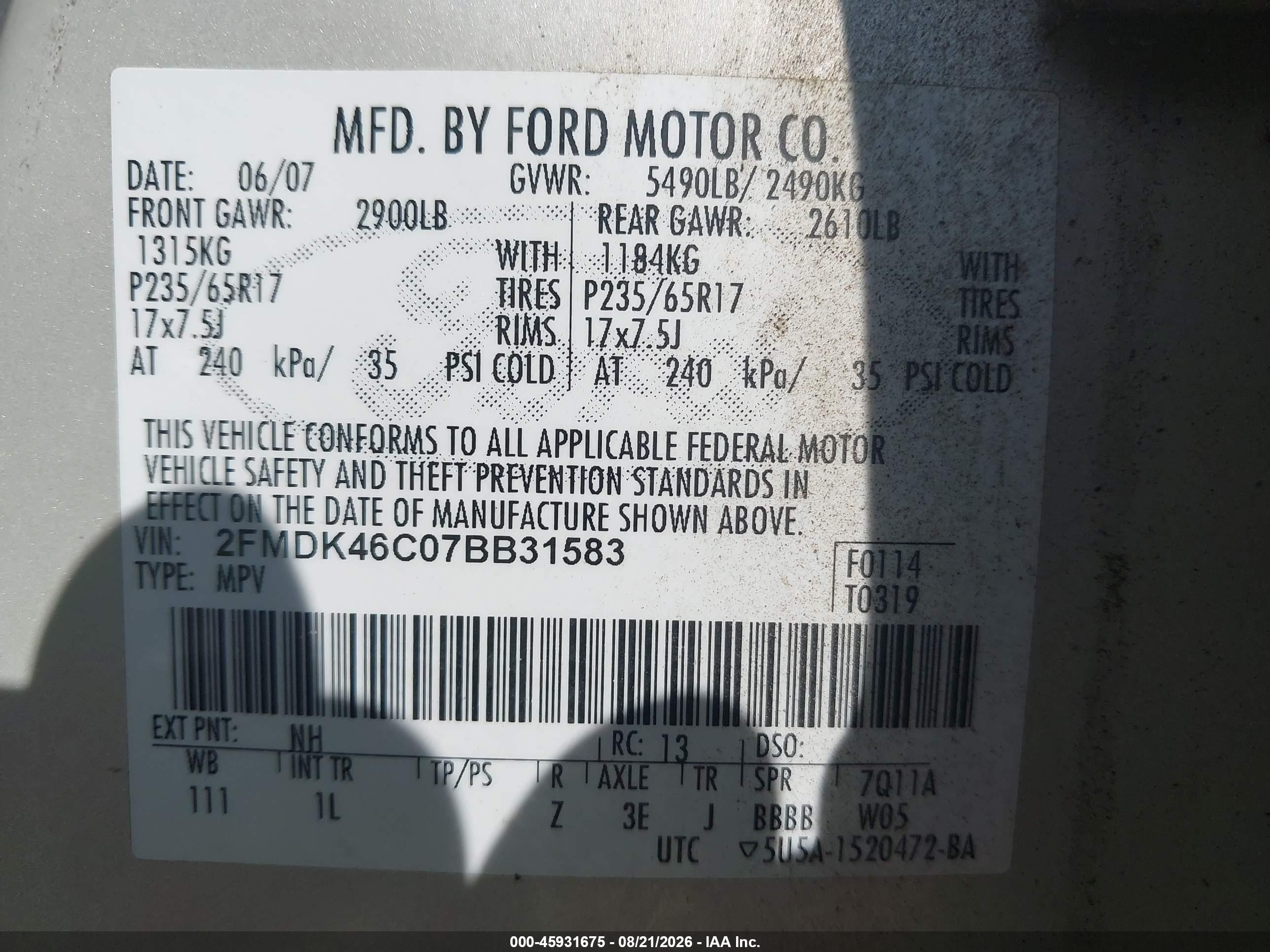 2007 Ford Edge Se Gray vin: 2FMDK46C07BB31583