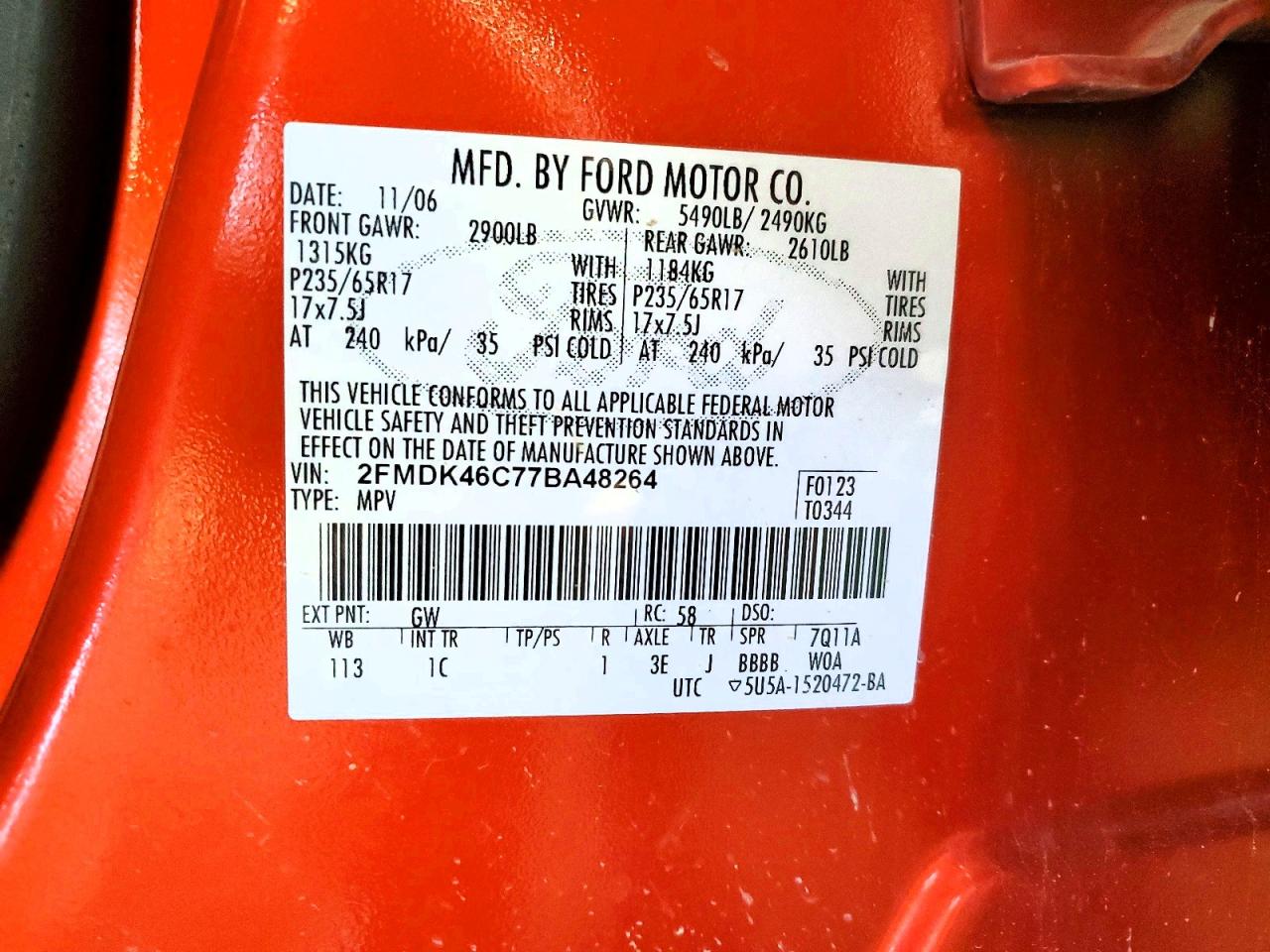 2007 Ford Edge Se Orange vin: 2FMDK46C77BA48264