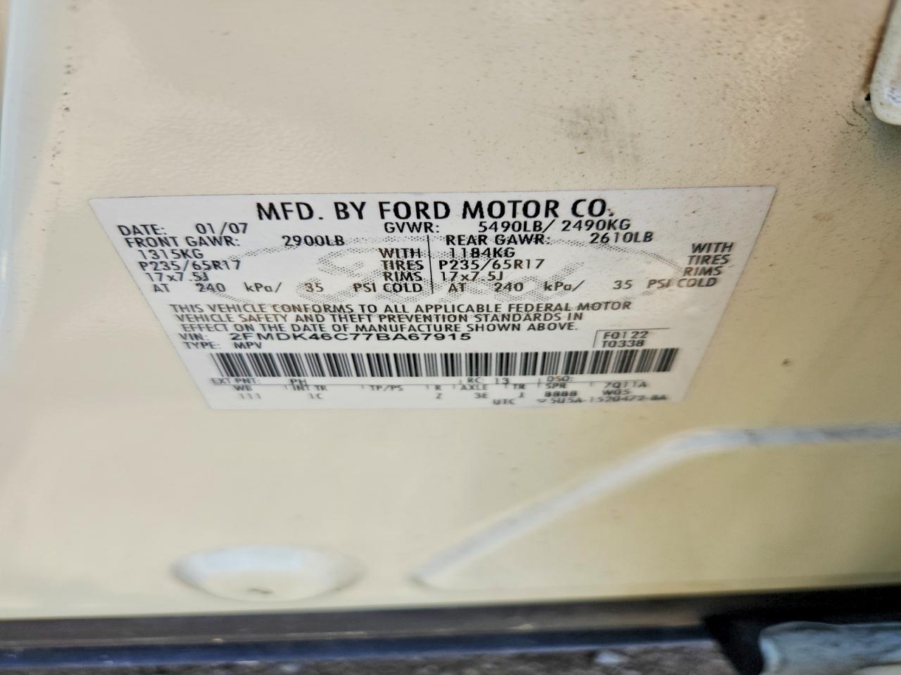 2007 Ford Edge Se Белый vin: 2FMDK46C77BA67915