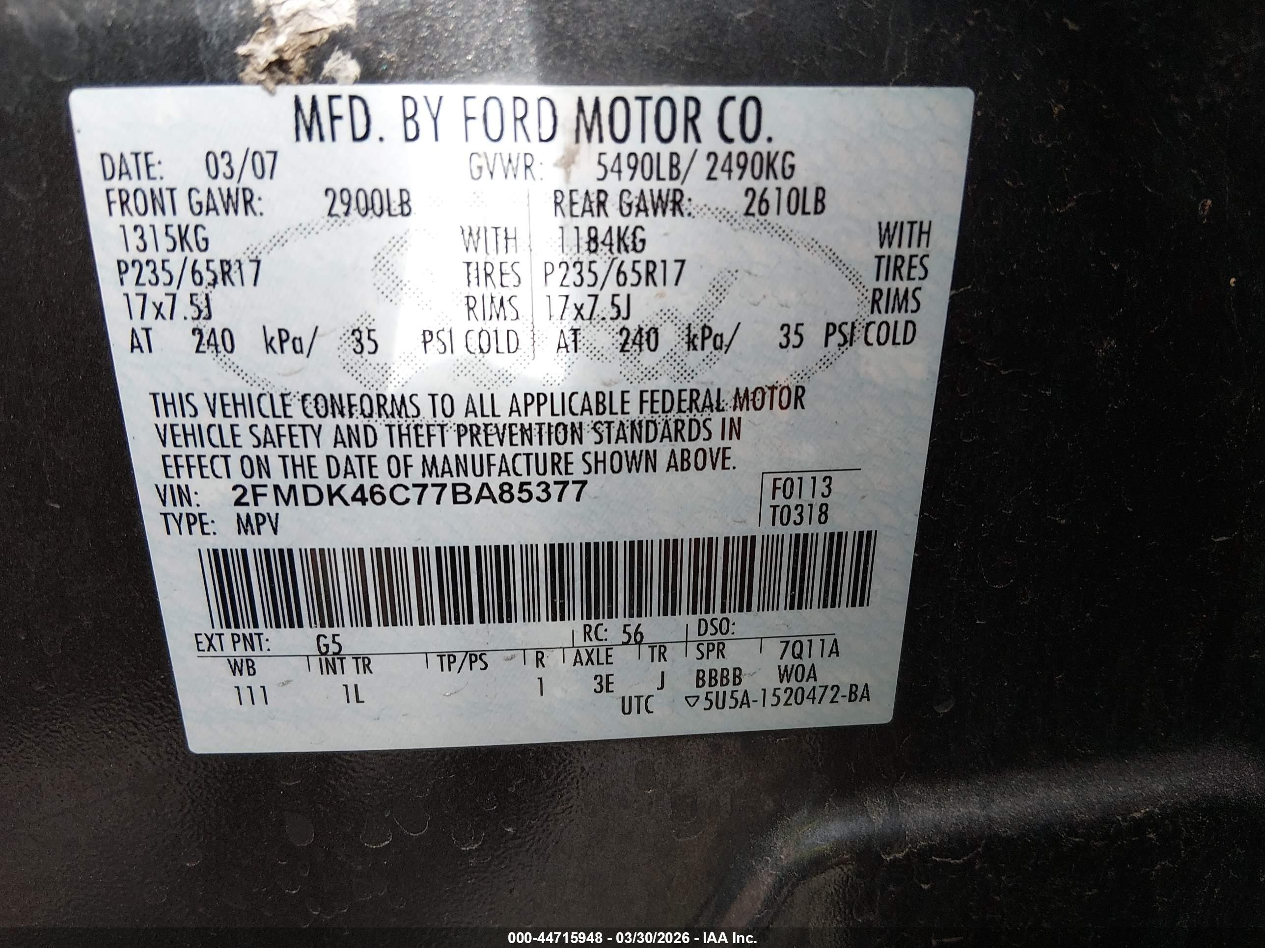 2007 Ford Edge Se Gray vin: 2FMDK46C77BA85377
