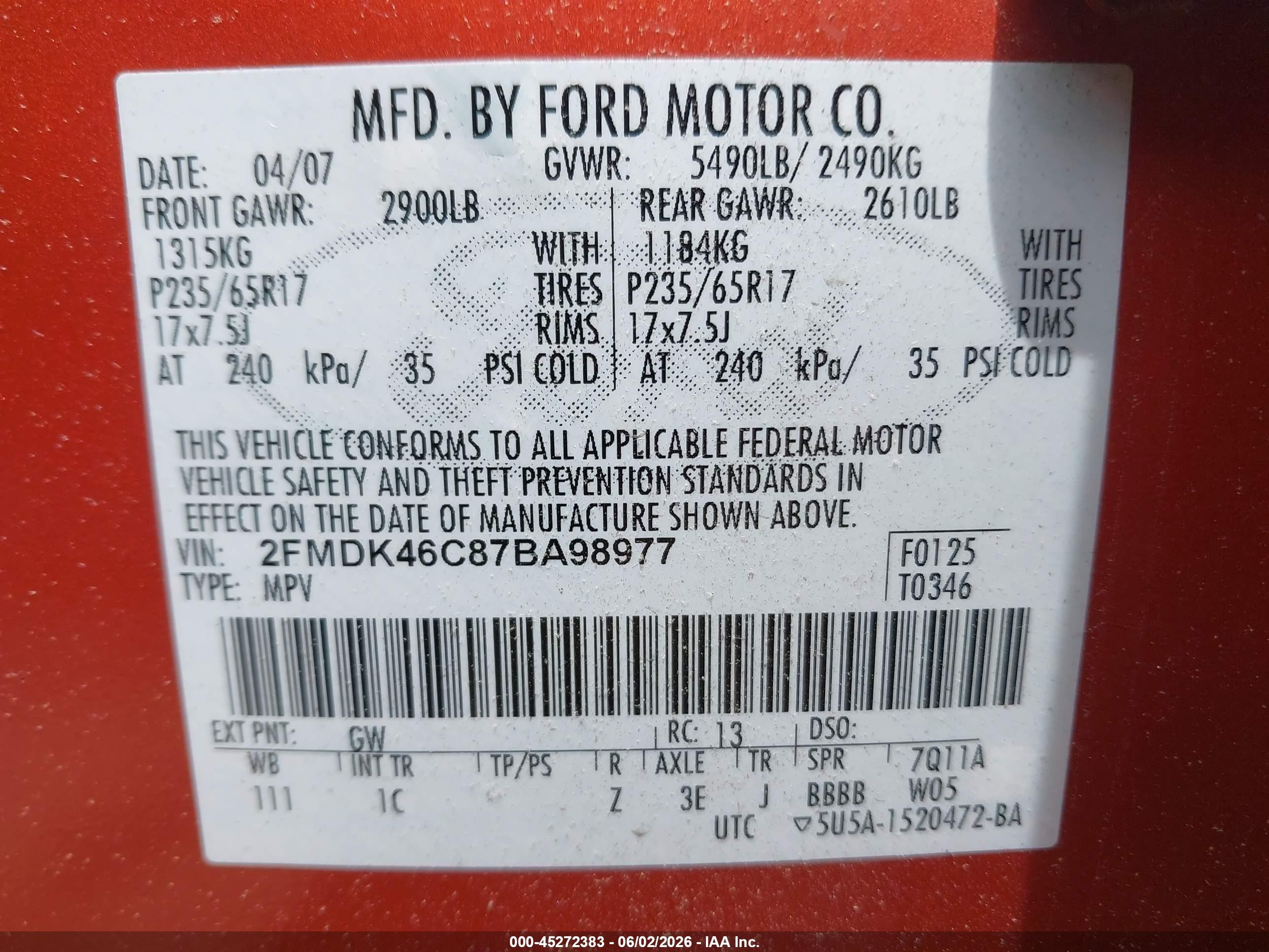 2007 Ford Edge Se Orange vin: 2FMDK46C87BA98977