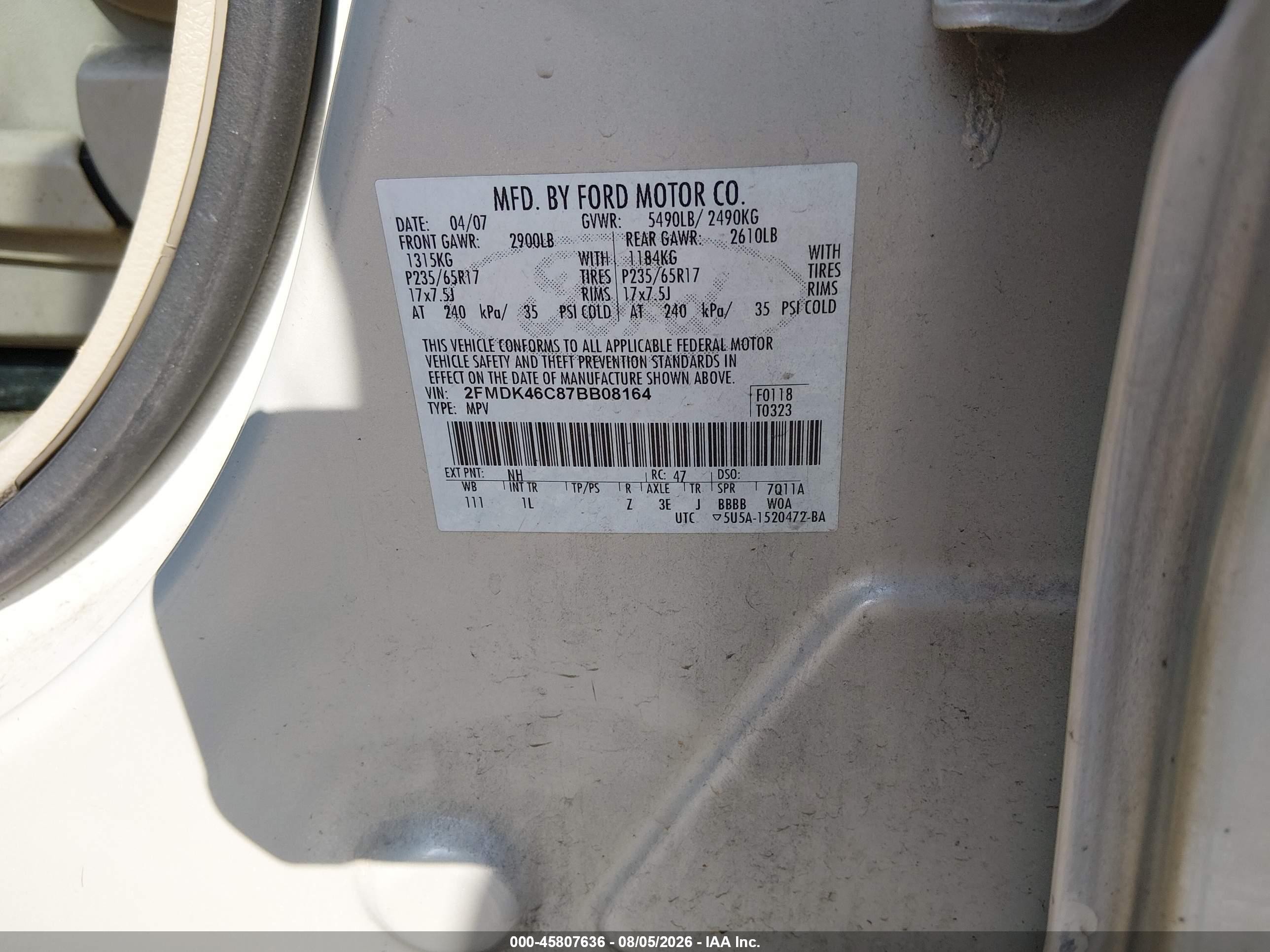 2007 Ford Edge Se Beige vin: 2FMDK46C87BB08164