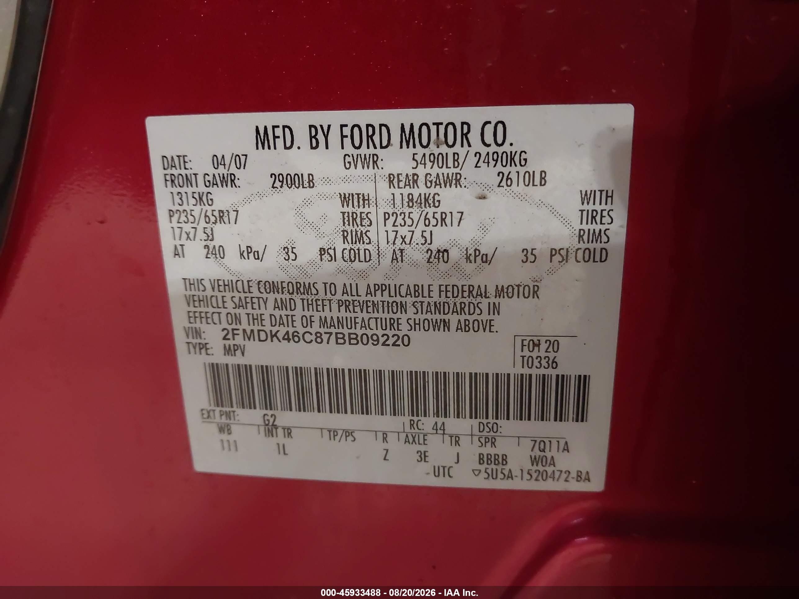 2007 Ford Edge Se Red vin: 2FMDK46C87BB09220
