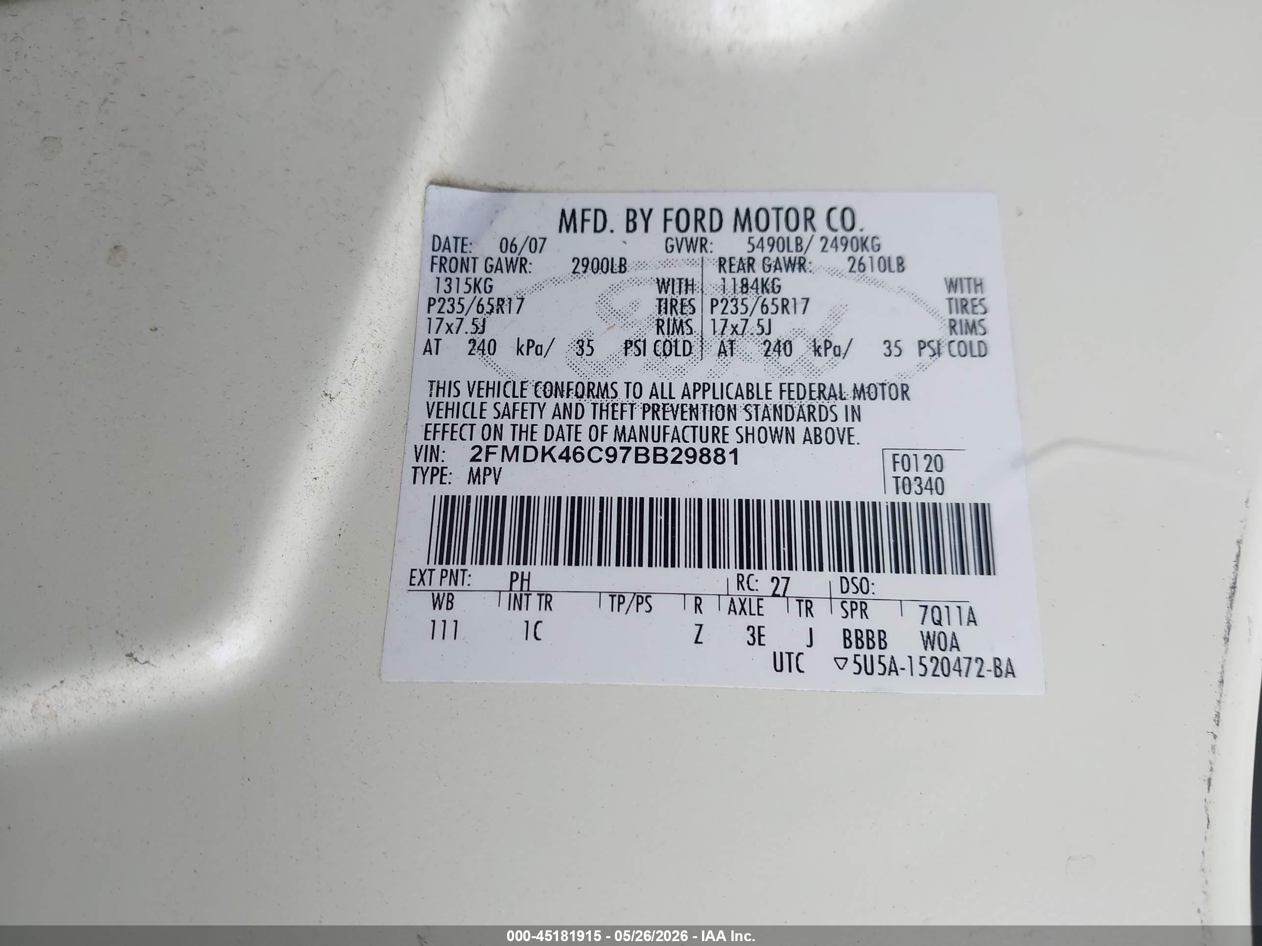 2007 Ford Edge Se White vin: 2FMDK46C97BB29881