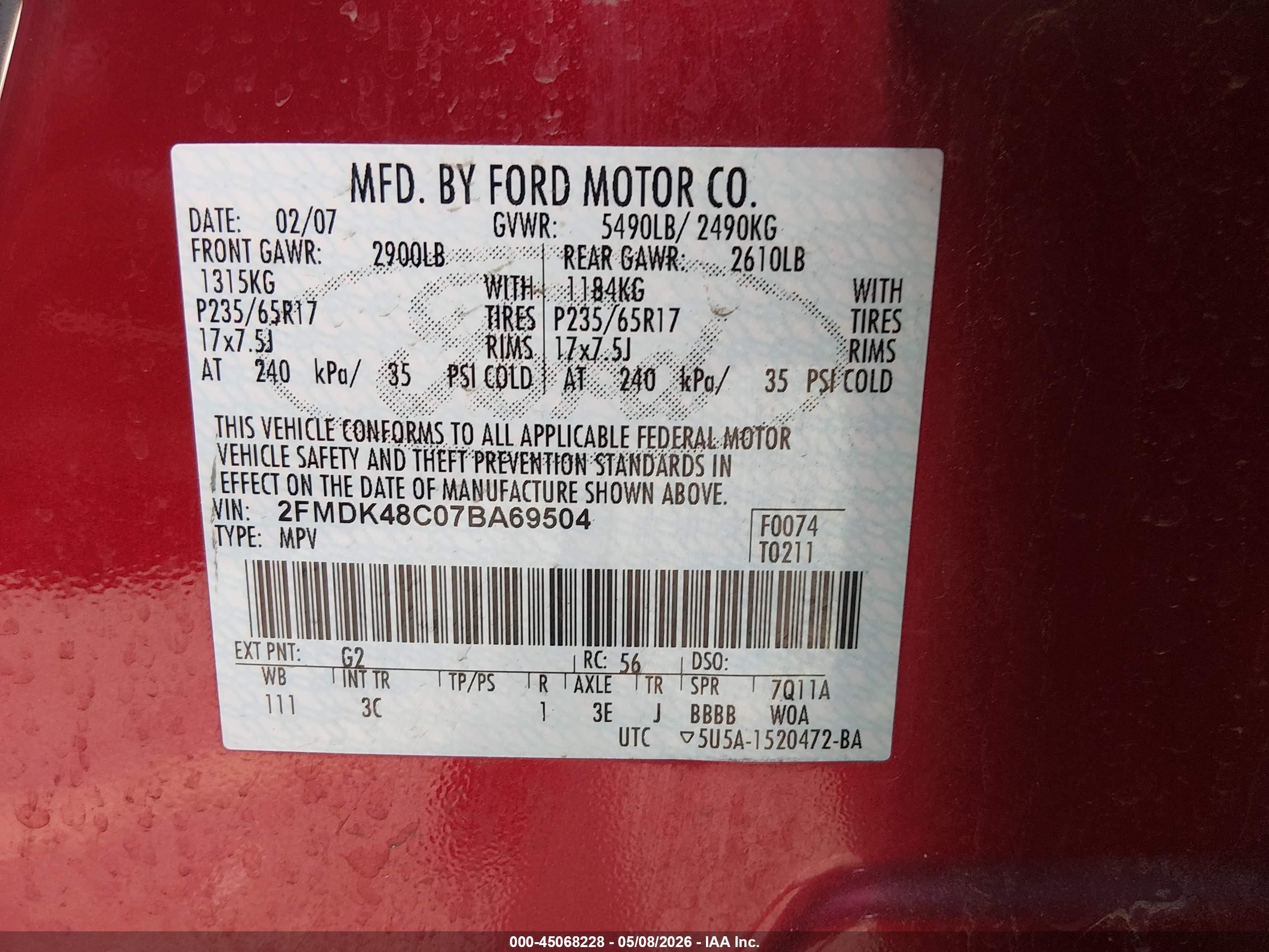 2007 Ford Edge Sel Red vin: 2FMDK48C07BA69504
