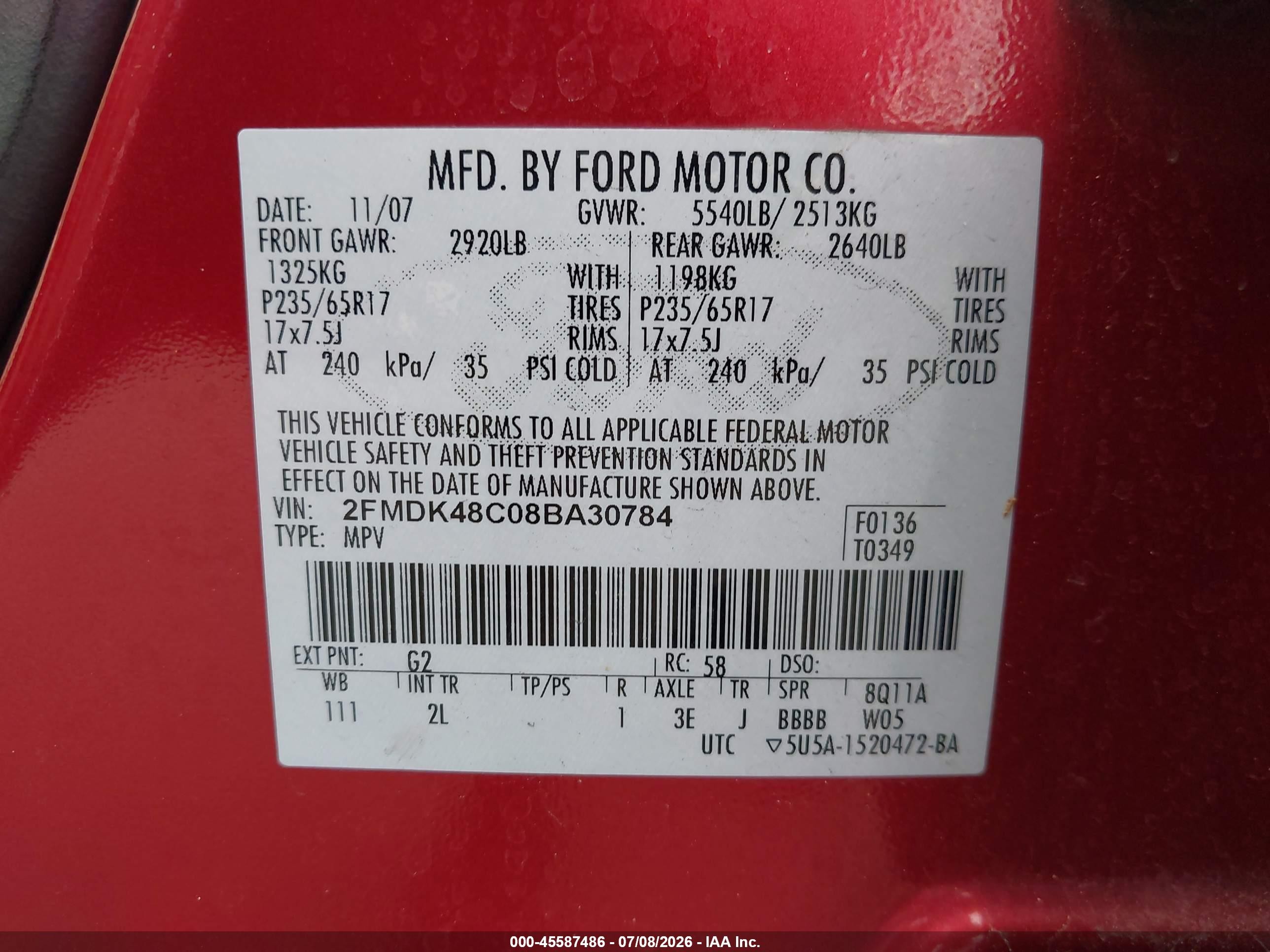 2008 Ford Edge Sel Red vin: 2FMDK48C08BA30784