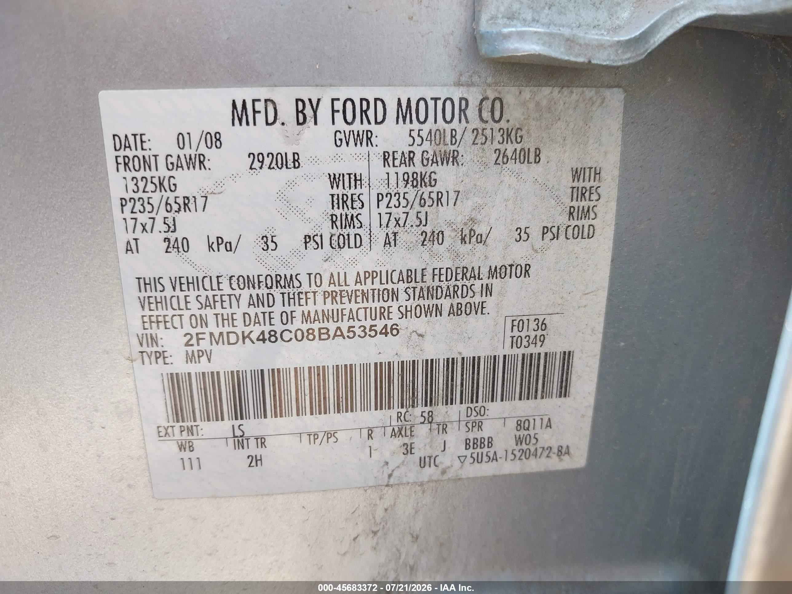 2008 Ford Edge Sel Синий vin: 2FMDK48C08BA53546