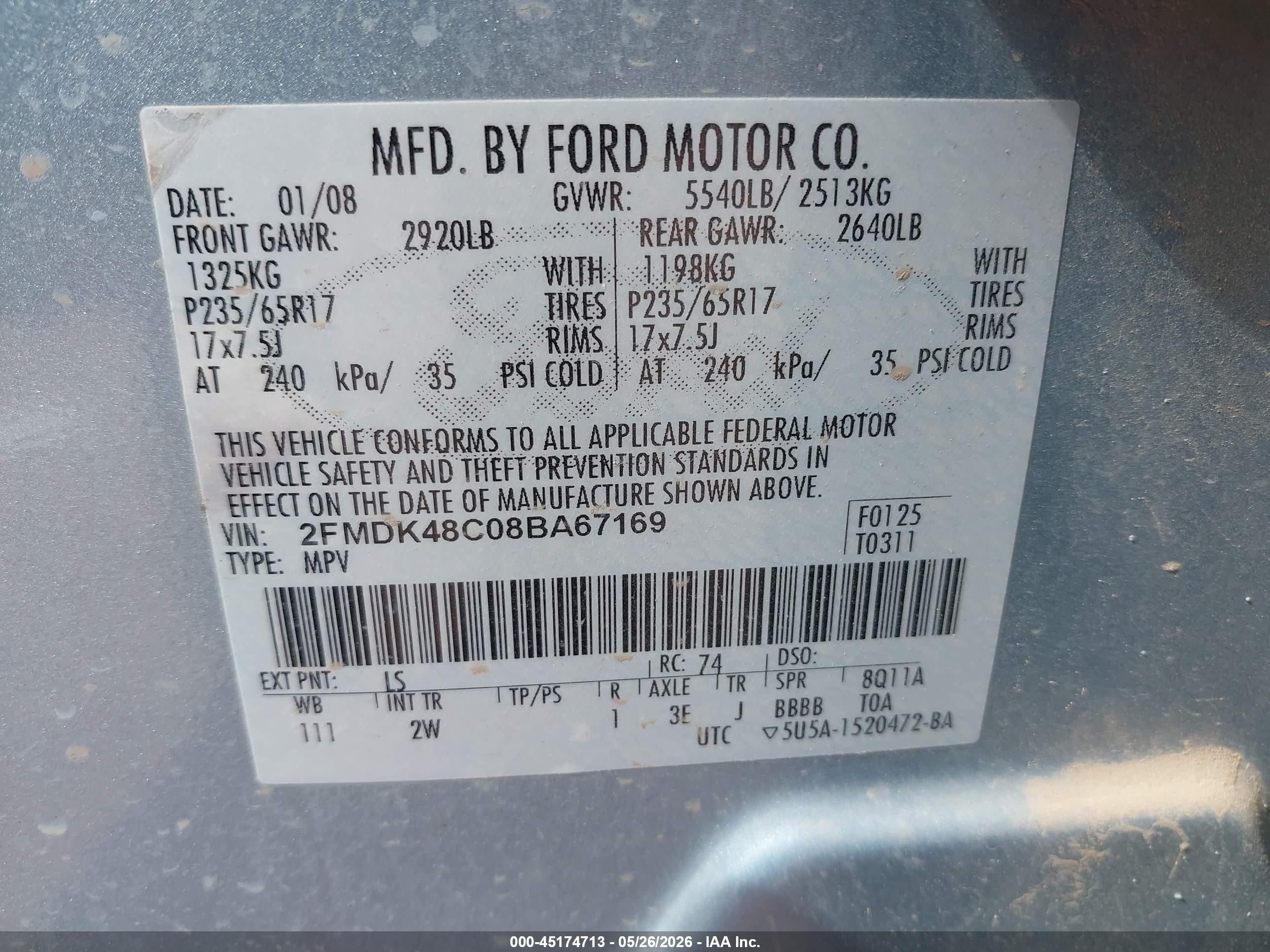 2008 Ford Edge Sel Light Blue vin: 2FMDK48C08BA67169