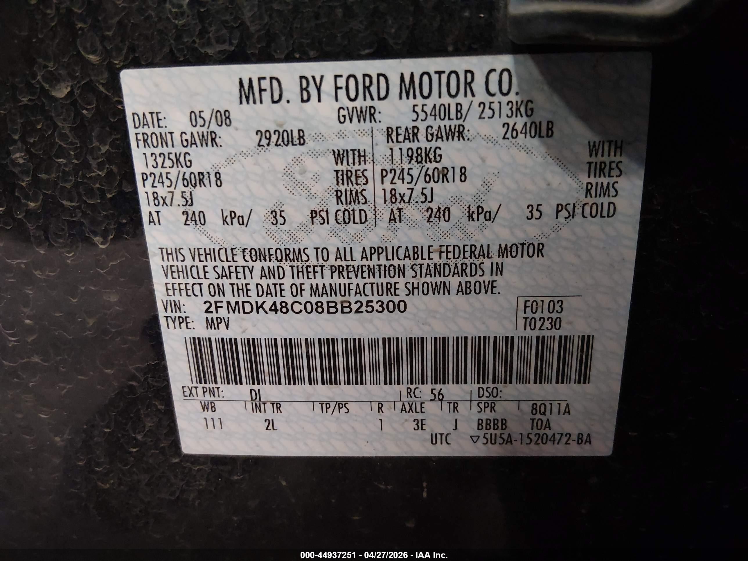 2008 Ford Edge Sel Blue vin: 2FMDK48C08BB25300