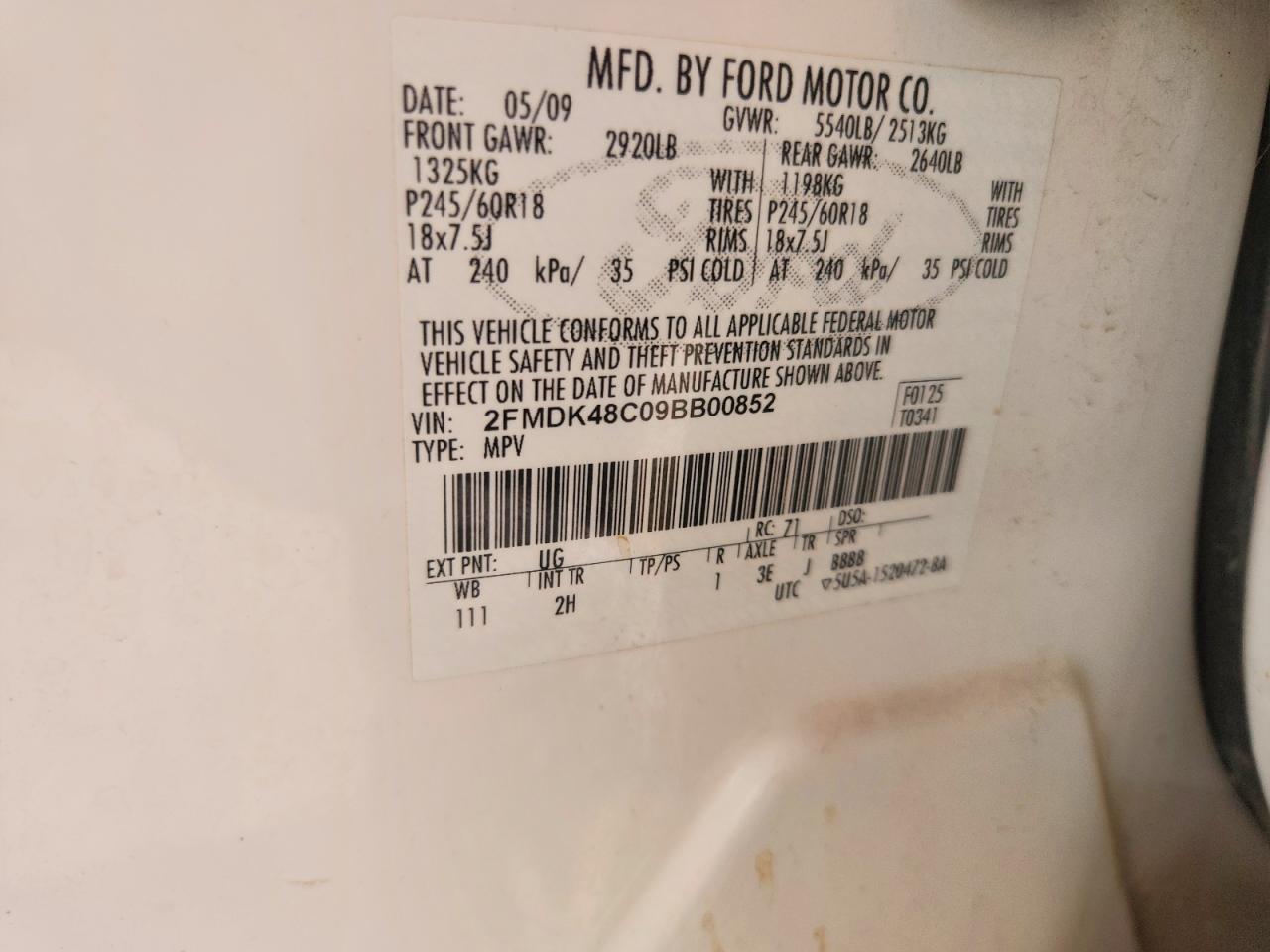 2009 Ford Edge Sel White vin: 2FMDK48C09BB00852