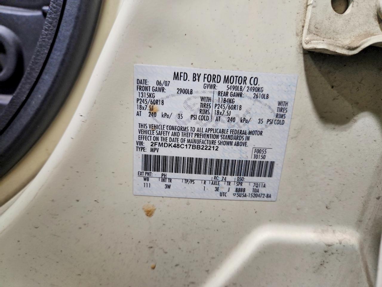 2007 Ford Edge Sel White vin: 2FMDK48C17BB22212