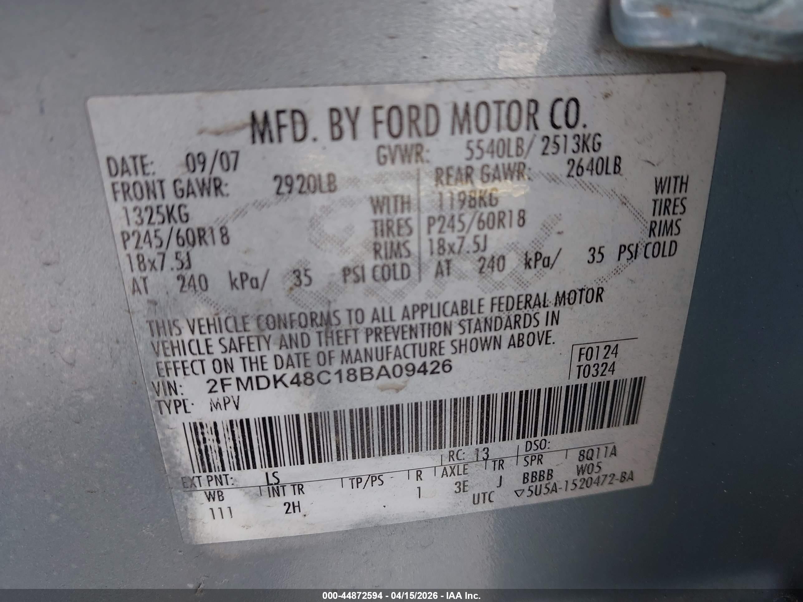 2008 Ford Edge Sel Blue vin: 2FMDK48C18BA09426