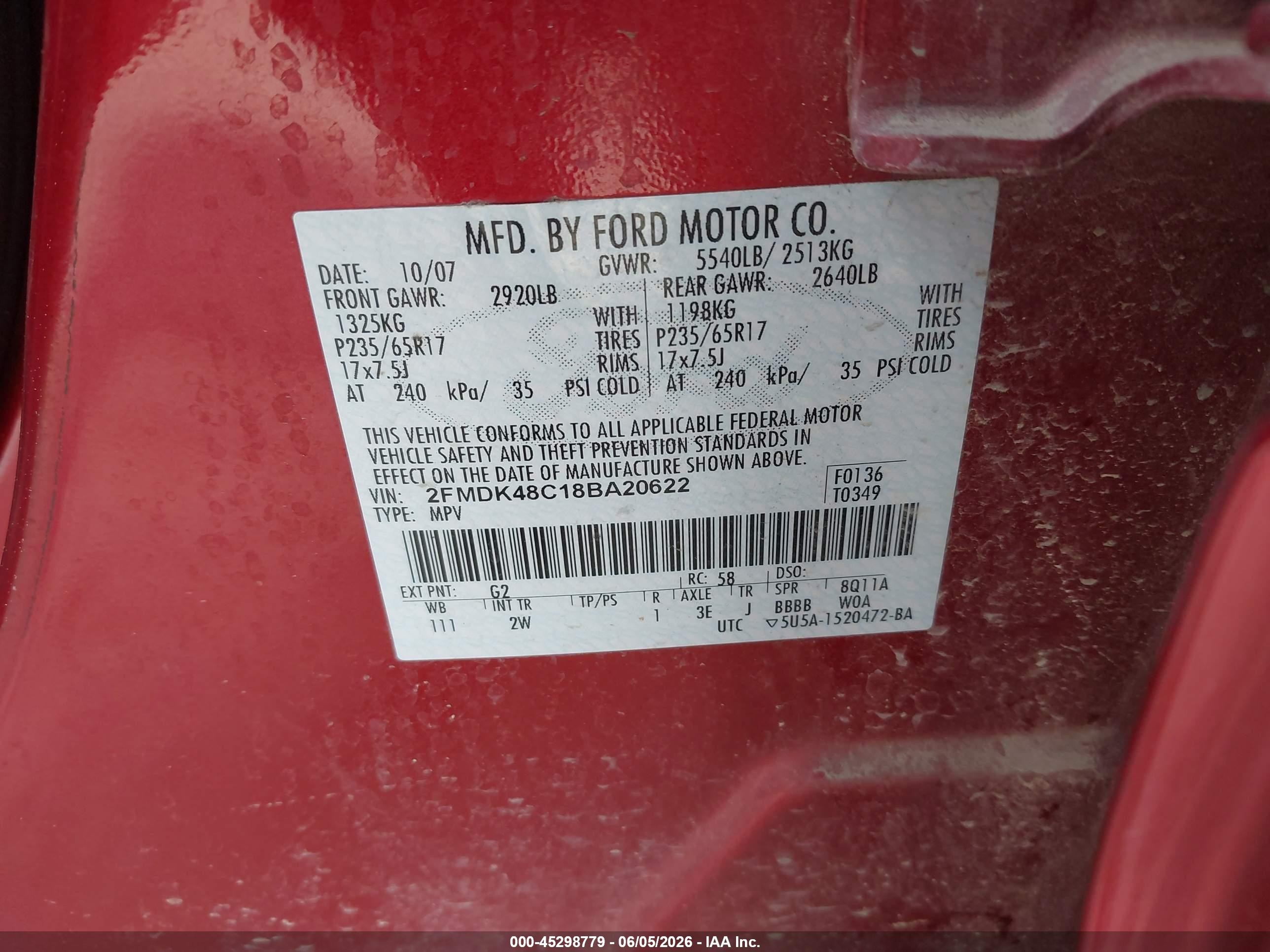2008 Ford Edge Sel Красный vin: 2FMDK48C18BA20622