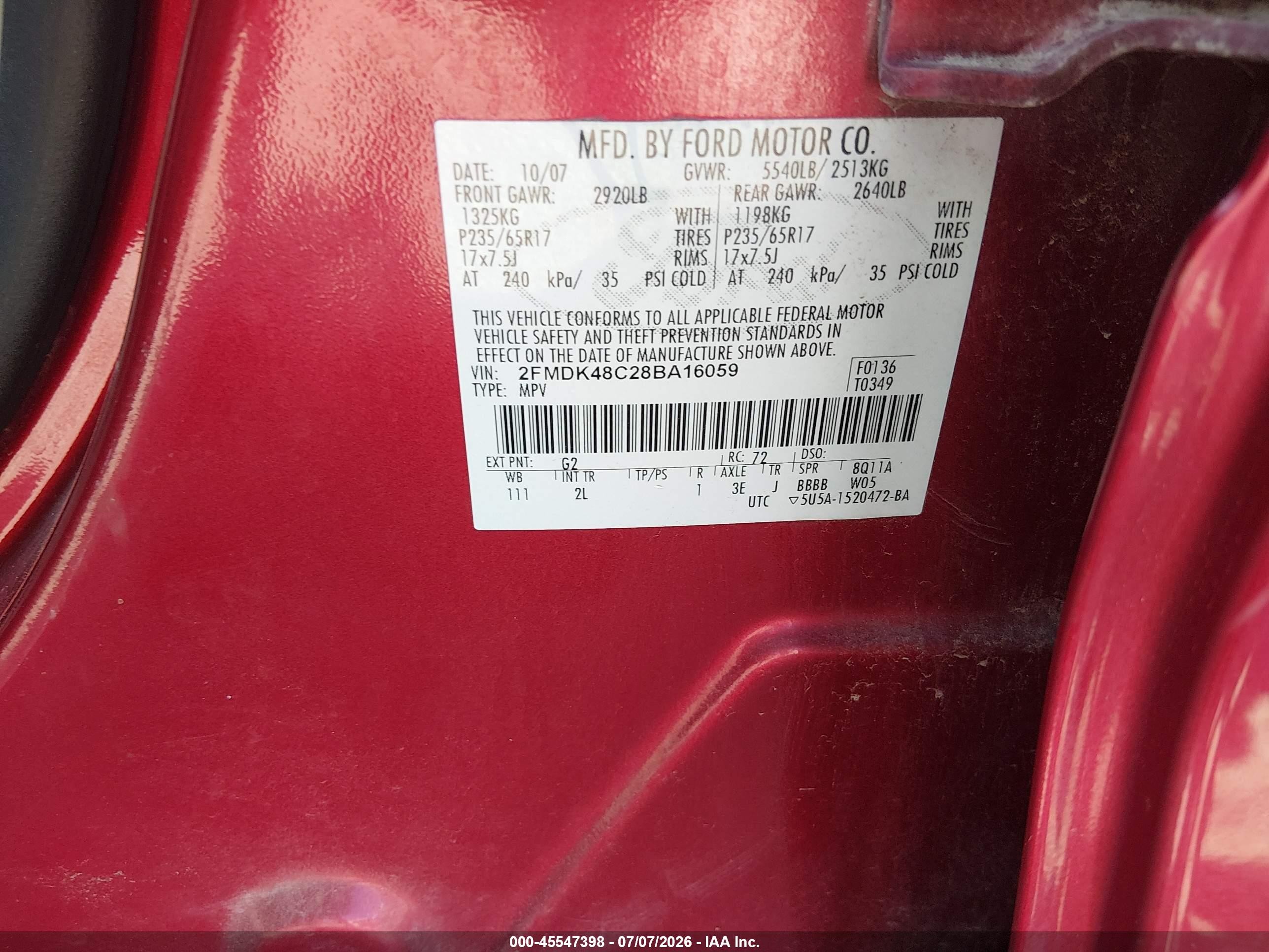 2008 Ford Edge Sel Red vin: 2FMDK48C28BA16059