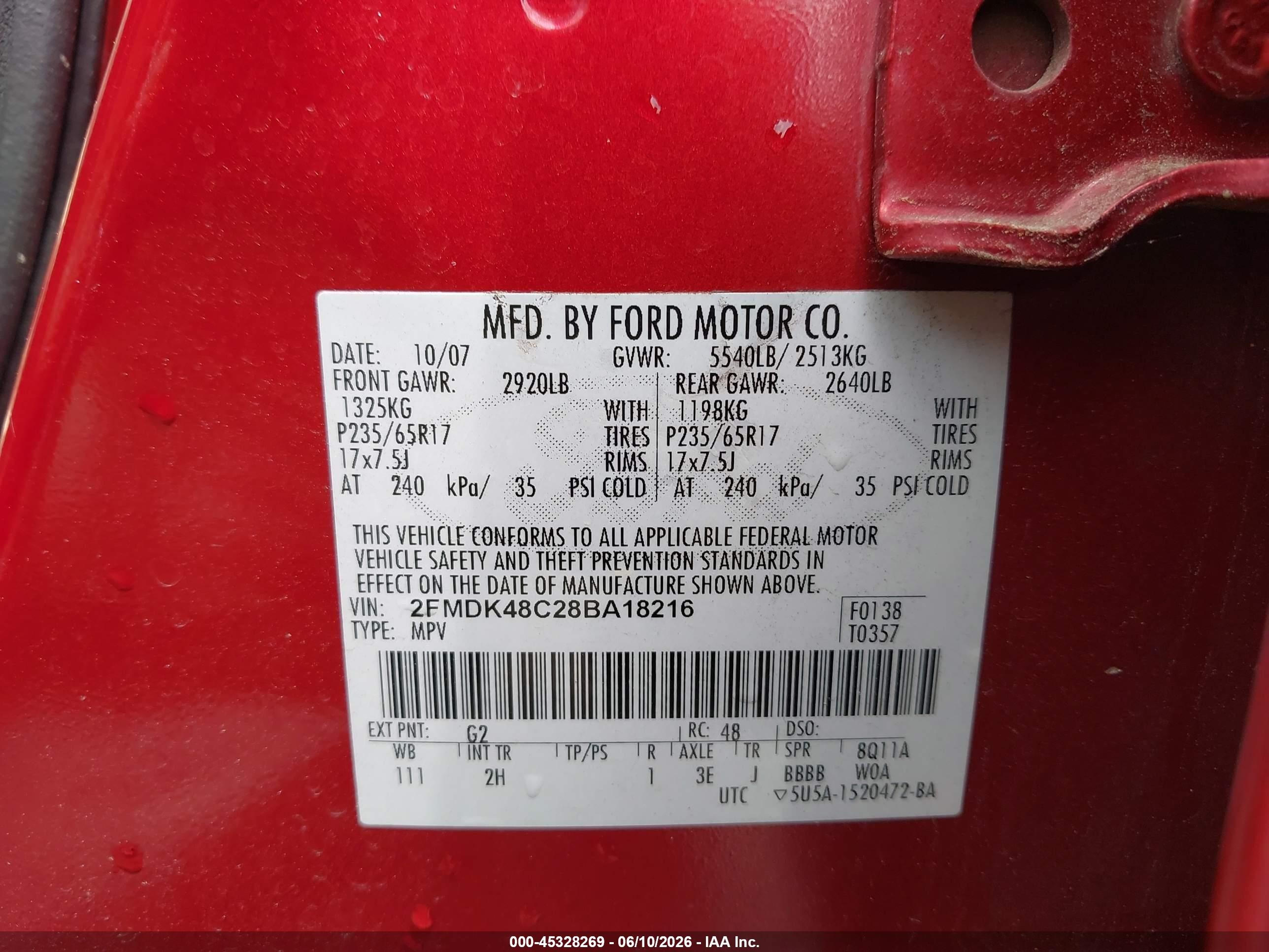 2008 Ford Edge Sel Red vin: 2FMDK48C28BA18216