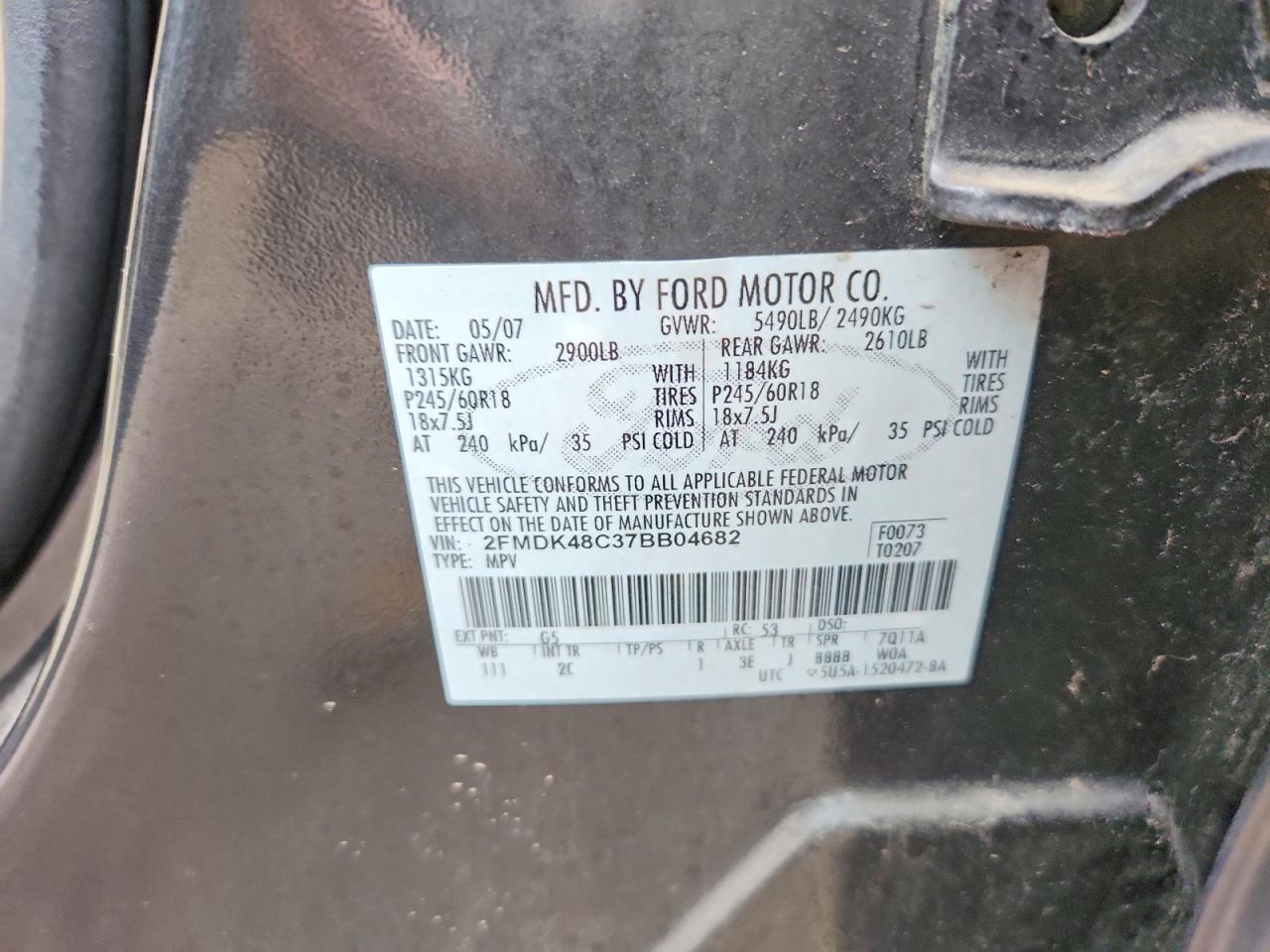 2007 Ford Edge Sel Gray vin: 2FMDK48C37BB04682