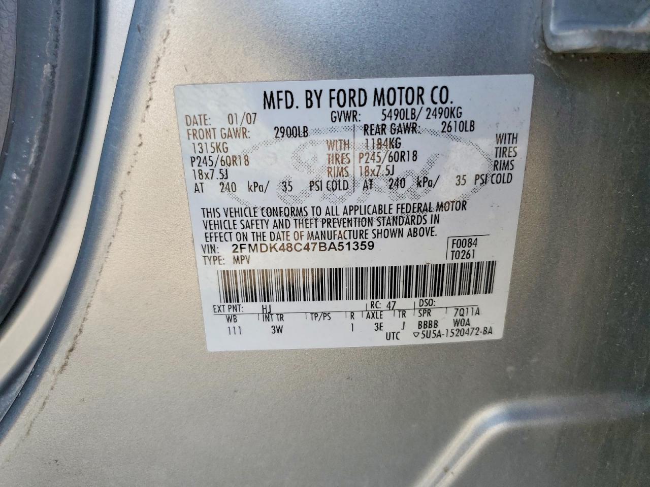 2007 Ford Edge Sel Silver vin: 2FMDK48C47BA51359