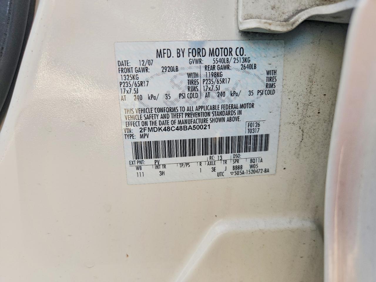 2008 Ford Edge Sel White vin: 2FMDK48C48BA50021