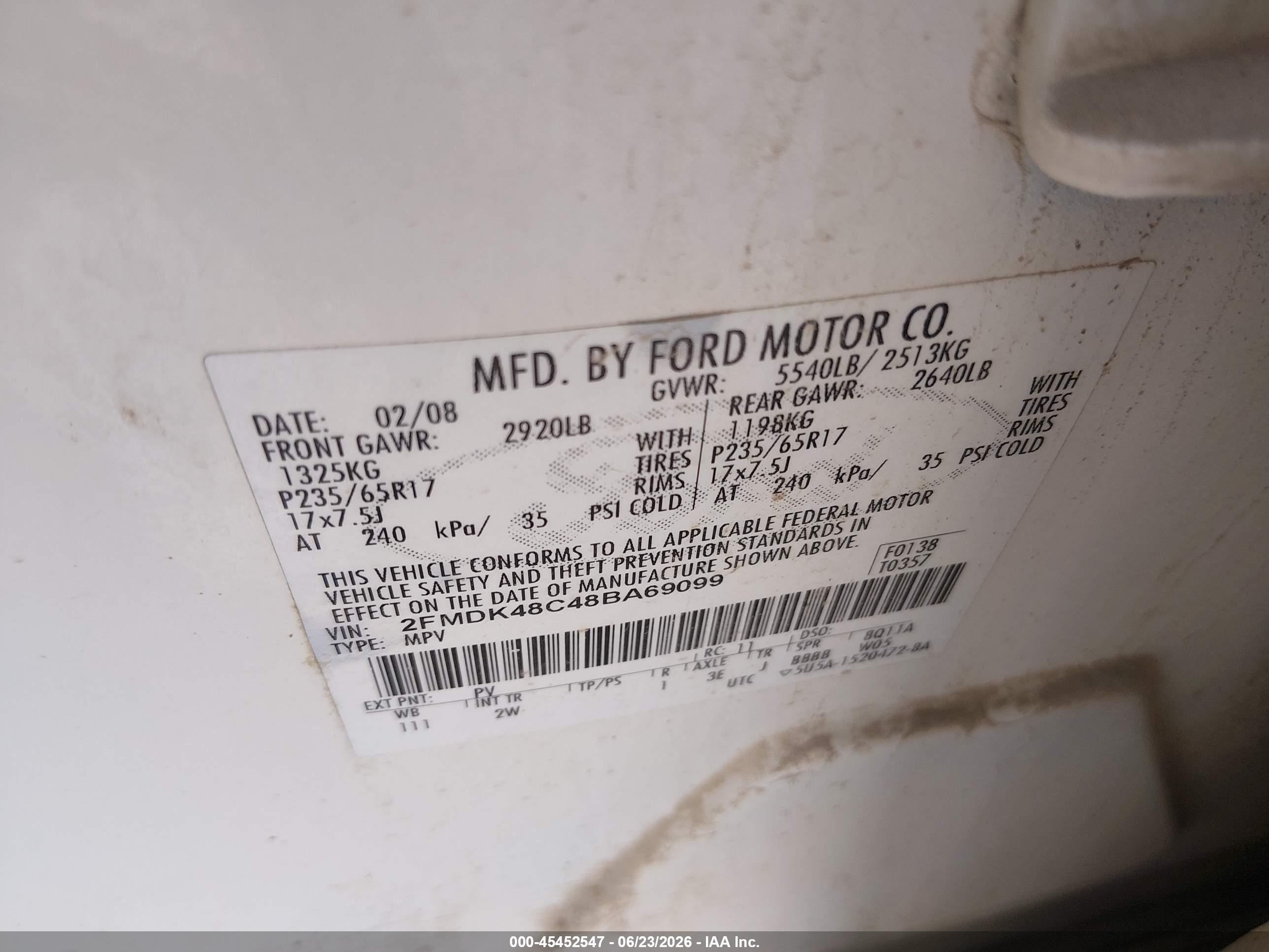 2008 Ford Edge Sel White vin: 2FMDK48C48BA69099