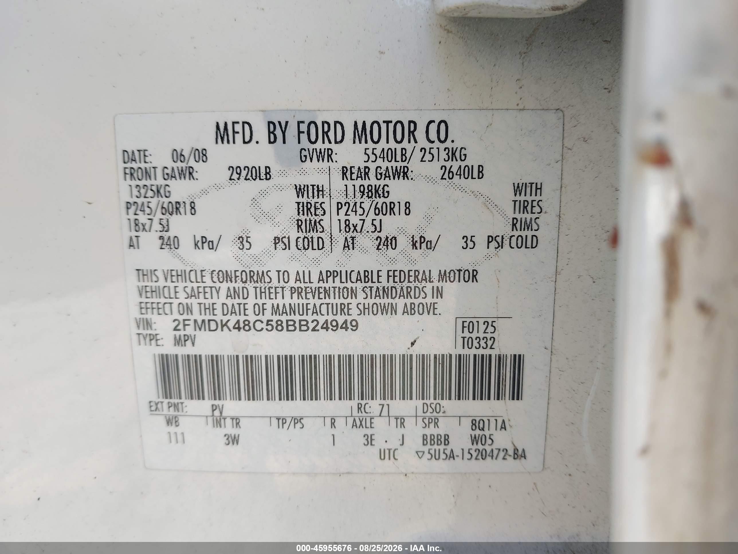 2008 Ford Edge Sel Белый vin: 2FMDK48C58BB24949