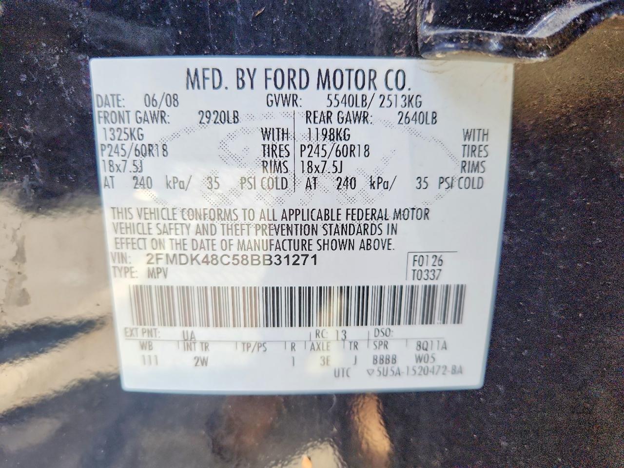 2008 Ford Edge Sel Black vin: 2FMDK48C58BB31271